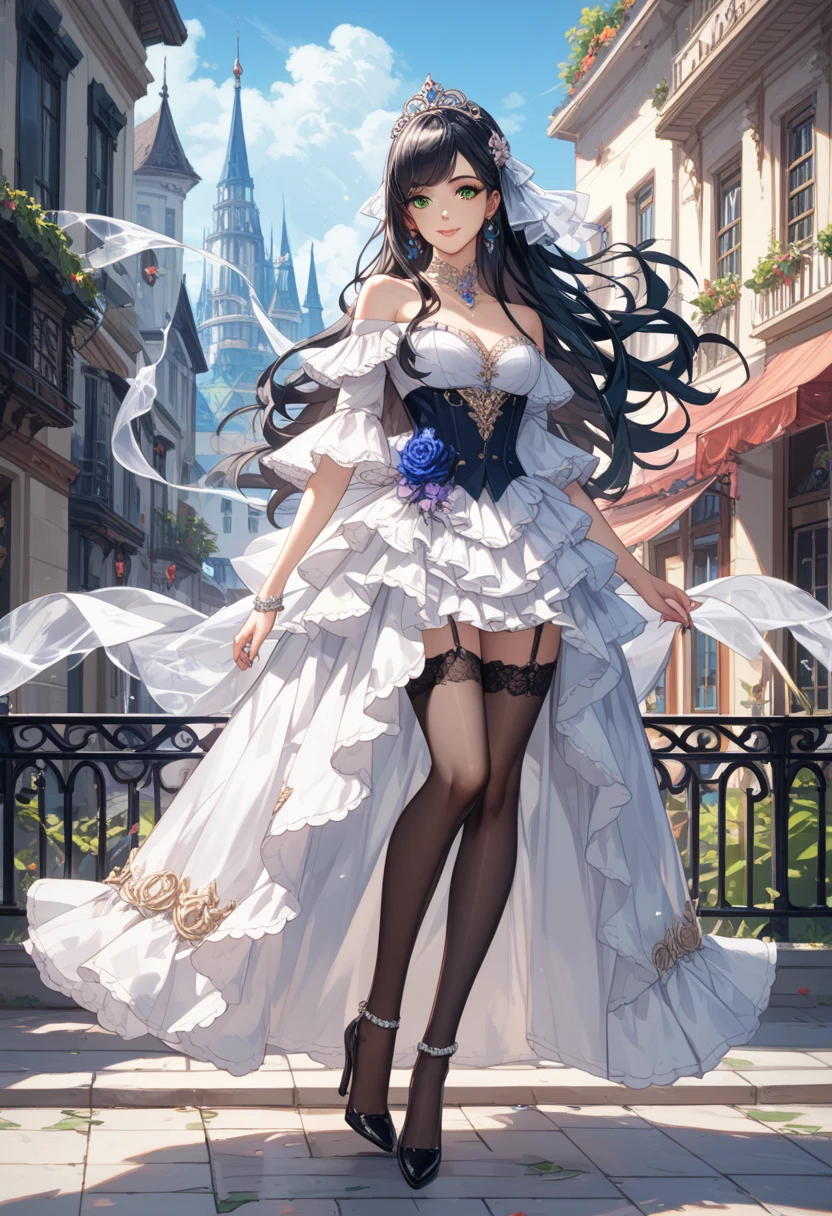 ((masterpiece)), (((best quality))), ((ultra-detailed)), ((illustration)), ((disheveled hair)), ((frills)), (1 girl), (solo),alternative costume,blue flower, blue rose, blush, bouquet, breasts, bridal veil, bug, butterfly, choker, cleavage, clothing, crown, dress, female, flower, frilled dress, frills, full body, gloves, headdress, headwear, insect, jewelry, large breasts, long hair, necklace, petals, rose, smile, tiara, veil, (Trailing wedding dress:1.4), white dress, white gloves,rating:safe,gray_hair,blue_eyes,