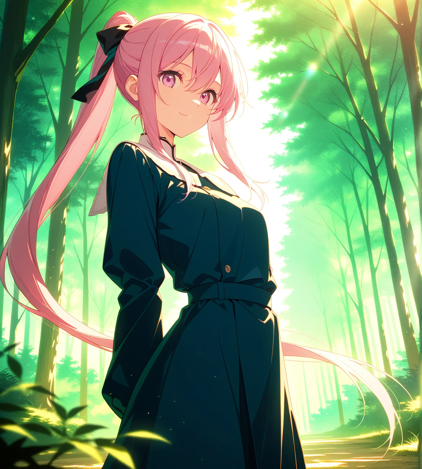 score_9, score_8_up, score_7_up, masterpiece, absurdres, source_anime,safe, 1girl, solo, adult, girl focus, adult, very detailed expressive eyes, very detailed eyes, aesthetic eyes, bright eyes, (bright pink eyes),  pink eyes, beautifully styled hair, very detailed hair, straight hair, bright pink hair, long hair, hair between eyes, (hair styled straight),  (styled ponytail), (straight hair), (straight ponytail),(slim ponytail: 1.2),styled hair,  little smile, looking at viewer, (small breasts), shiny skin, healthy skin colour, BREAK
(dark blue dress),  standing,  half body, cowboy shot, BREAK
outdoors, nature, forest, natural calm daylight, BREAK
HDR, 8K, masterpiece, best quality, amazing quality, very aesthetic, high resolution, ultra-detailed, absurdres, newest, scenery, 
aesthetic detailed background, best quality, game cg aesthetics,
 beautiful detailed eyes, detailed skin, detailed hair, light particles,  depth of field, natural shadows, 
(masterpiece), ultra-detailed, 1024k UHD wallpaper, ultra-high resolution, depth of field, HDR, Ray tracing, RTX, high saturation, photon mapping, best texture quality, best compotitions, (extremely detailed CG 1024k wallpaper), High Details, Detailed face, Detailed Clothes, Ultra HD Photo, Perfect Face, expressive eyes, bright colours