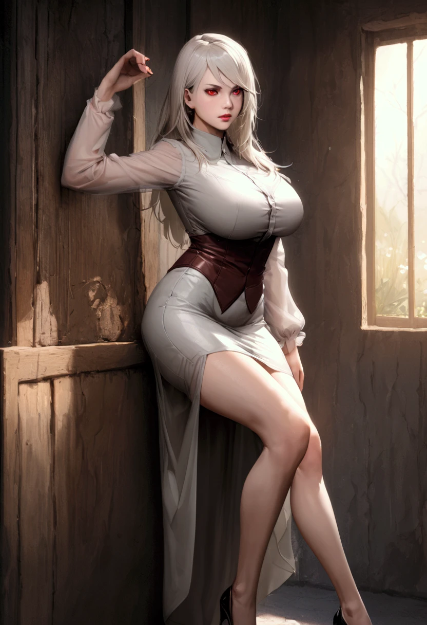 Create a realistic HD illustration of a powerful female character in a fantasy setting. She has long silver-white hair and striking red eyes, conveying a sense of power and mystery. She is wearing a tight See-through business miniskirt, white See-through shirt. black high heels, bare feet, fair skin. Big breasts, slim waist, long legs, beautiful face. Her pose is confident and she has a fierce yet graceful expression. The background should be minimal to emphasize her presence, perhaps a soft gradient or subtle texture.