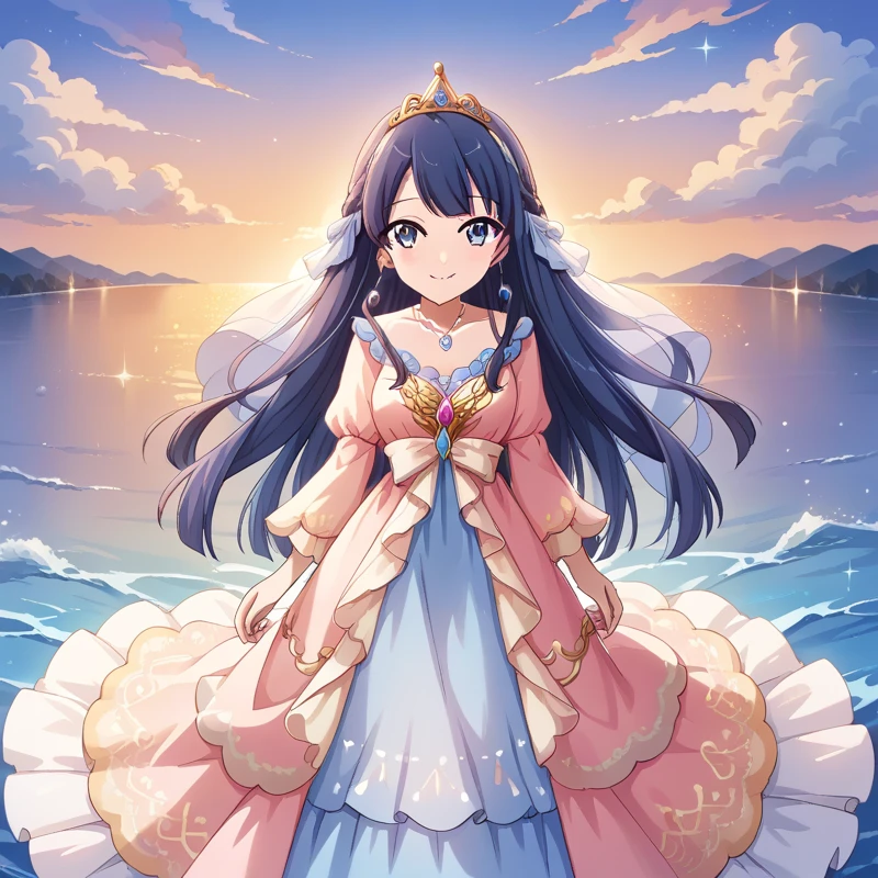 score_9, score_8_consolation, score_7_consolation, score_6_consolation, 1 woman,
 Tamao,  long haired ,  cool wind ,  princess dress , long dress, seafront, sunset,  light smile  , necklace