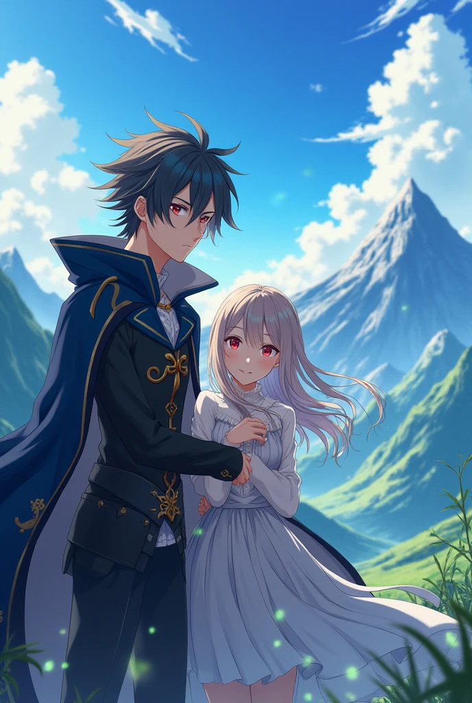 An anime-style scene featuring a young man with a sad expression, sitting on large rocks with a sword plunged into the ground in front of him. He is dressed in simple, traditional village clothes. Behind him stand two girls. One has short black hair, wearing a mage's robe, with normal black pupils in her eyes. The other has long white hair, dressed in a knight's armor, with white irises and black pupils in her eyes. The girls are gently embracing the young man from behind. The background shows a distant kingdom with grand castles and towering structures, surrounded by lush greenery. The kingdom is far away, creating a sense of separation and isolation between the main character and the kingdom. The overall atmosphere is melancholic, with soft lighting that enhances the serene yet somber feel of the scene.