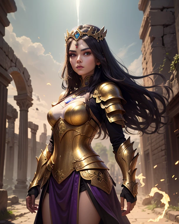 "Complete artwork masterpiece, high quality, ultra detailed in 4k, 8k, high resolution, hyper-realistic photo, hyper-detailed, realistic skin texture, amazing shadows, background, extremely detailed texture, perfect lighting, high-level image quality." The female paladin, fair skin, Full body, long black hair, brown eyes, defined face, small breasts, choker, use reference picture as role model, inside a high detail temple room