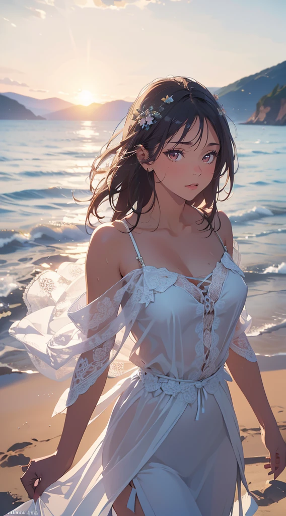 very cute and beautiful girl,frilled white sun dress with detailed lace,(highly detailed beautiful face and eyes:1.2),
(smile),embarrassed,black hair,looking at viewer,cowboy shot,(skirt lift,white panties),
beach,distant rugged cliffs,
(best quality,masterpiece:1.2),absurdres,highres,ultra-detailed,extremely detailed,32k,8k resolution,
intricate details,cinematic scene,detailed background,solo,dynamic angle,
hair fluttering in the wind,beautiful detailed sky,