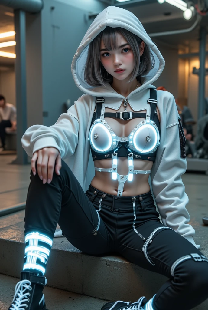 (nsfw:1.2), masterpiece, Best Quality, hyper Realistic, Create an image of a beautiful young Japanese woman embodying futuristic fashion art. 18-years-old, The scene should have the highest quality and realism, sitting, below shot, She has an ultra-slim waist, medium firm breasts, a medium-sized buttocks, and beautiful sexy legs, showcasing sculptural beauty. Her skin is white and silky, small head. White Glowing Streetwear with Harness Accents / Craft a striking streetwear ensemble infused with intensely glowing white accents, juxtaposed against black and white tones / Begin with a sleek black bodysuit featuring strategic cutouts and mesh panels for a modern, edgy vibe / Layer over the bodysuit with a roughly woven hoodie crafted from ultra-bright, thick white neon threads that emit a radiant, almost blinding glow, enhancing the futuristic and dynamic aesthetic / Pair the hoodie with high-waisted black cargo pants featuring glowing white contrast stitching and zipper details, exuding utilitarian-chic appeal / Accessorize with a statement glowing white harness worn over the hoodie, amplifying its luminous impact and creating a bold, avant-garde look / Complete the ensemble with chunky black combat boots adorned with glowing white laces, adding an element of ruggedness and street cred / Carry a sleek black crossbody bag with glowing white piping and hardware accents, tying the look together with a touch of cohesion,
hyper small head and face, wide Duck mouth, half open mouth, perfectly aligned teeth, perfect beautiful wide teeth, light blue eyes, half open eyes, shiny Droopy eyes, gray hair, looking other, She is situated within the interior of a futuristic colony, in the deep night, with mist drifting and steam rising from concrete
