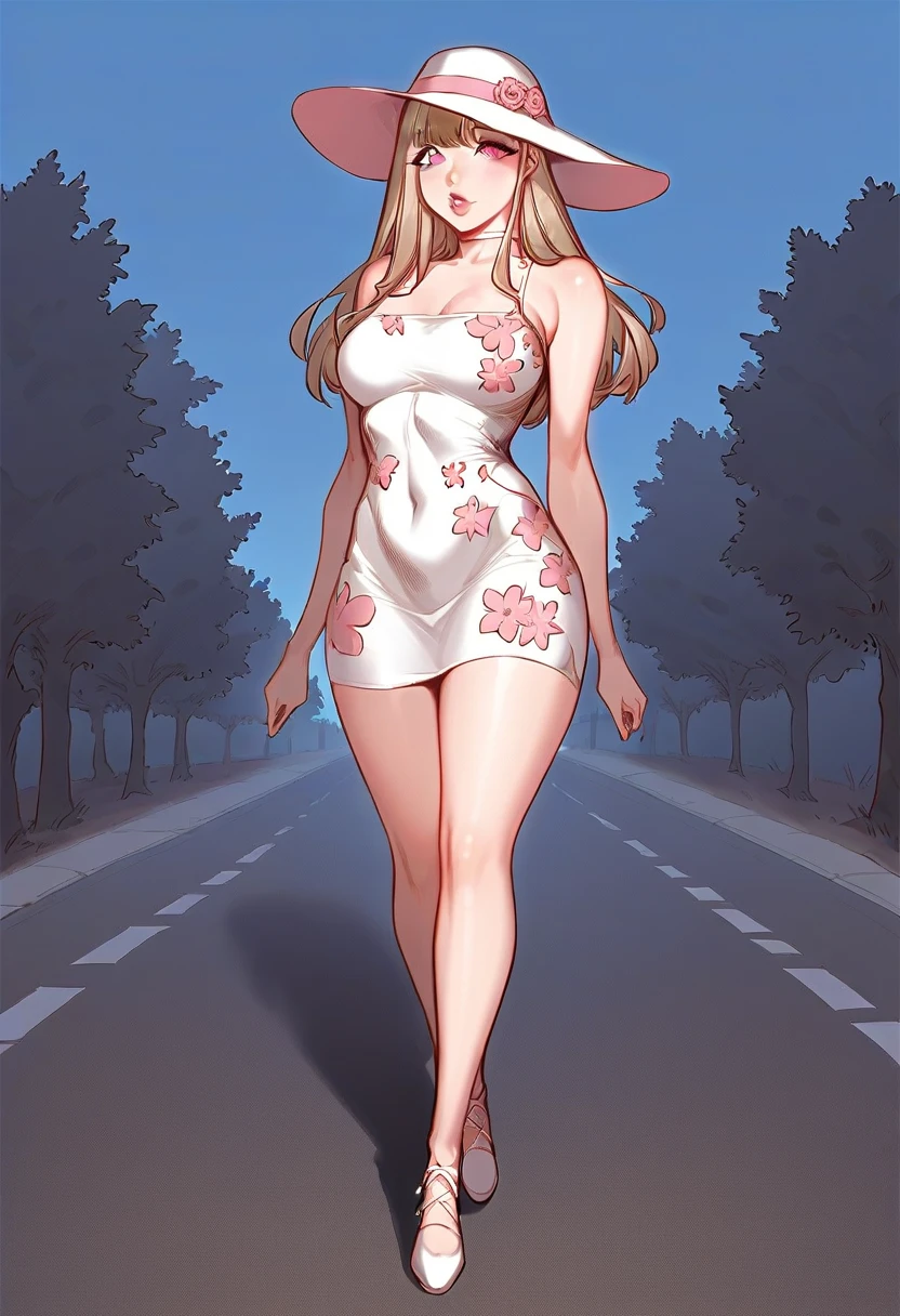 A sexy slim cute beautiful woman with blonde long hair bangs, big pink eyes, extremely fair white skin, and pink plump lips. She's wearing a cute yet revealing long white-pink floral dress and a light brown hat, hands joined together, walking on a road, day time, and show full body.