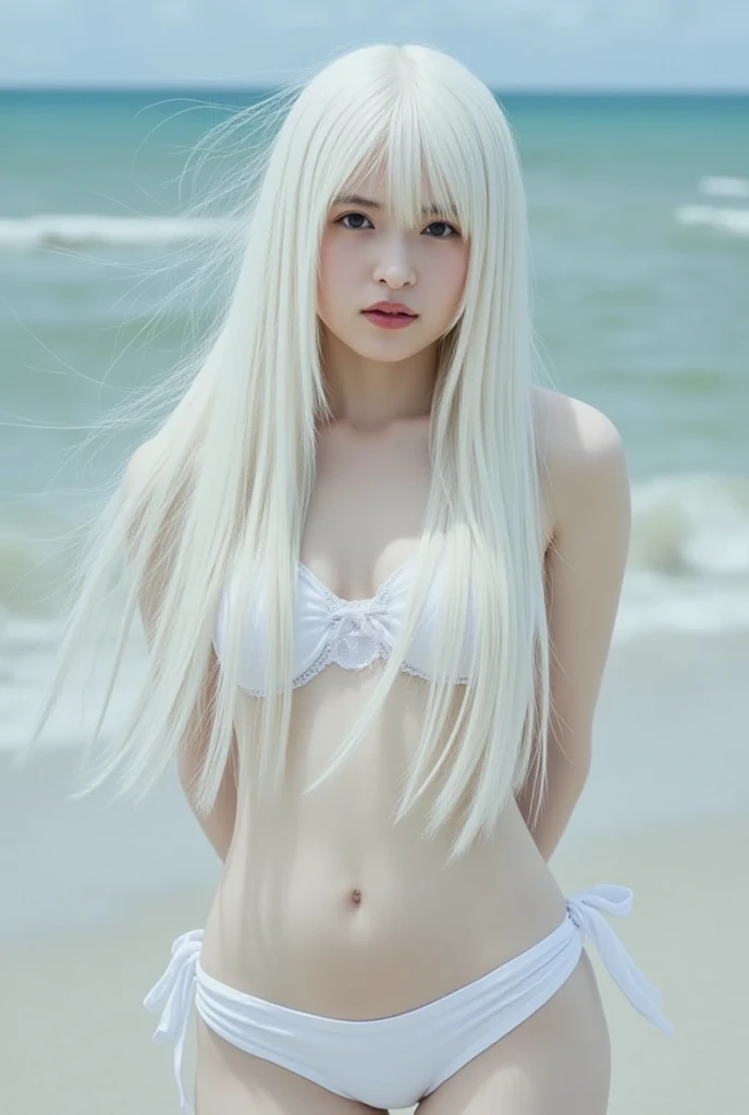Russian woman, translucent white swimsuit, branded hair, highly detailed face, big, realistic raw photo, jade eyes, background sea, sexy
