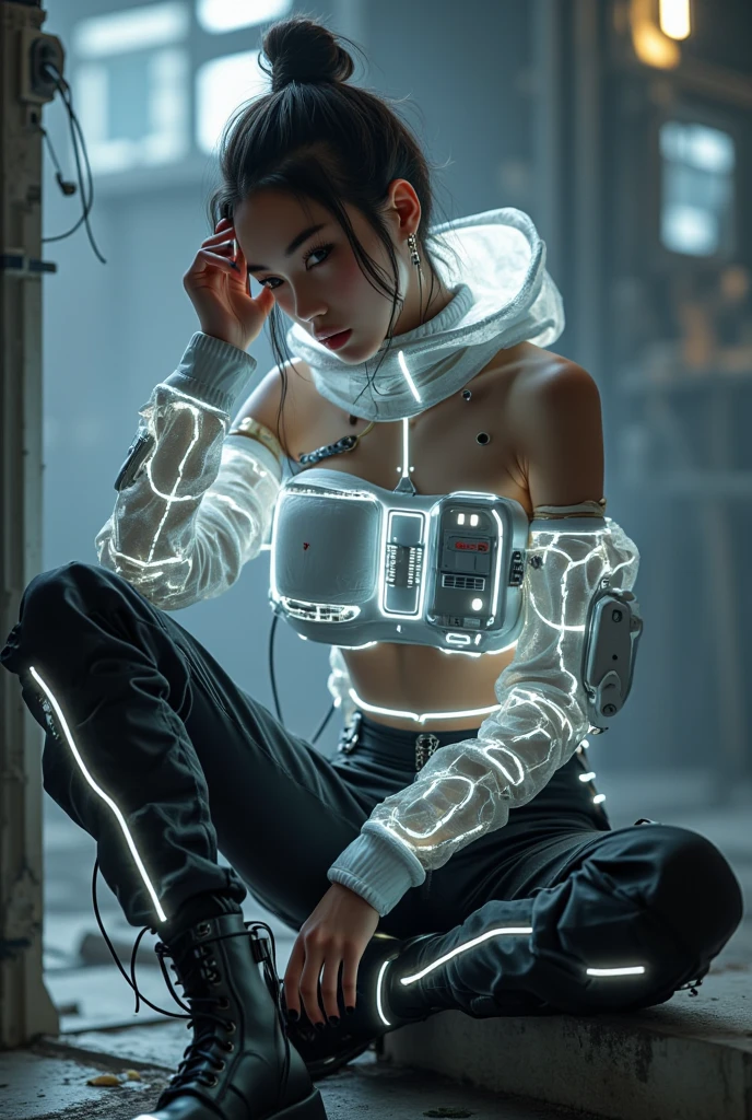 (nsfw:1.2), masterpiece, Best Quality, hyper Realistic, Create an image of a beautiful young Japanese woman embodying futuristic fashion art. 18-years-old, The scene should have the highest quality and realism, sitting, below shot, She has an ultra-slim waist, medium firm breasts, a medium-sized buttocks, and beautiful sexy legs, showcasing sculptural beauty. Her skin is white and silky, small head. White Glowing Streetwear with Harness Accents / Craft a striking streetwear ensemble infused with intensely glowing white accents, juxtaposed against black and white tones / Begin with a sleek black bodysuit featuring strategic cutouts and mesh panels for a modern, edgy vibe / Layer over the bodysuit with a roughly woven hoodie crafted from ultra-bright, thick white neon threads that emit a radiant, almost blinding glow, enhancing the futuristic and dynamic aesthetic / Pair the hoodie with high-waisted black cargo pants featuring glowing white contrast stitching and zipper details, exuding utilitarian-chic appeal / Accessorize with a statement glowing white harness worn over the hoodie, amplifying its luminous impact and creating a bold, avant-garde look / Complete the ensemble with chunky black combat boots adorned with glowing white laces, adding an element of ruggedness and street cred / Carry a sleek black crossbody bag with glowing white piping and hardware accents, tying the look together with a touch of cohesion,
hyper small head and face, wide Duck mouth, half open mouth, perfectly aligned teeth, perfect beautiful wide teeth, light blue eyes, half open eyes, shiny Droopy eyes, gray hair, looking other, She is situated within the interior of a futuristic colony, in the deep night, with mist drifting and steam rising from concrete
