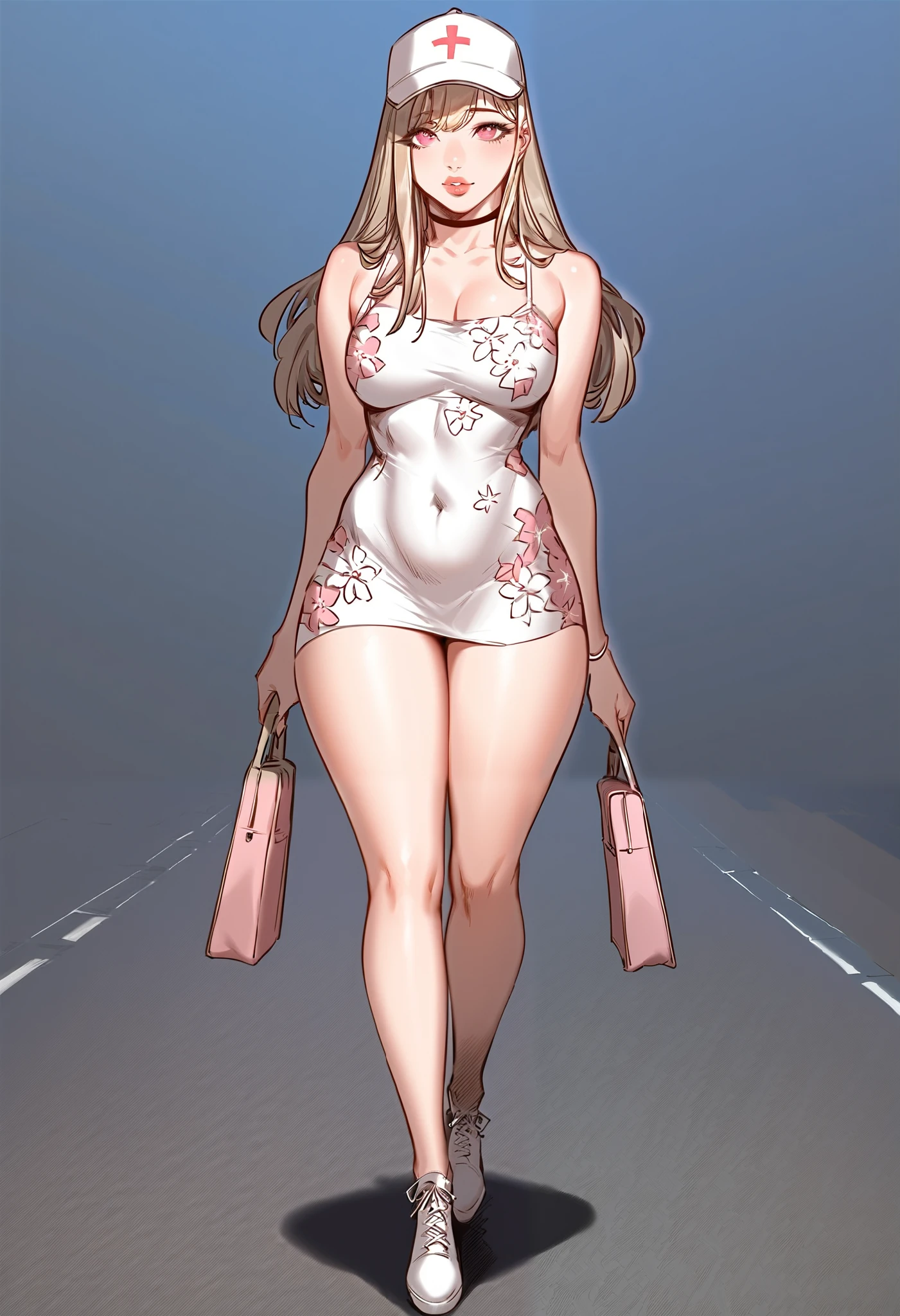 A sexy slim cute beautiful woman with blonde long hair bangs, big pink eyes, extremely fair white skin, and pink plump lips. She's wearing a cute yet revealing long white-pink floral dress and a light brown hat, hands joined together, walking on a road, day time, and show full body.