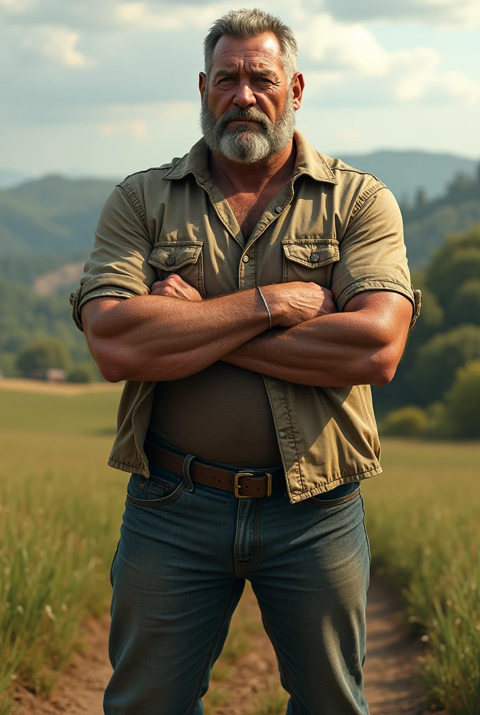 Masterpiece, best quality, 8k, raw, canon 5d, f/1.8, iso 6400, wide angle, realistic, movie, poster, photo, (facial details), mature, handsome, field, wheat field, autumn, plain, trees, blue sky, Rugged Handsome Elderly, Stockinged, Muscular, Chest Hair, Shirtless, Masterpiece, Best Quality, High Res, Realistic, Cross-Crossed, Perspective, Medium Shot, Ground View,