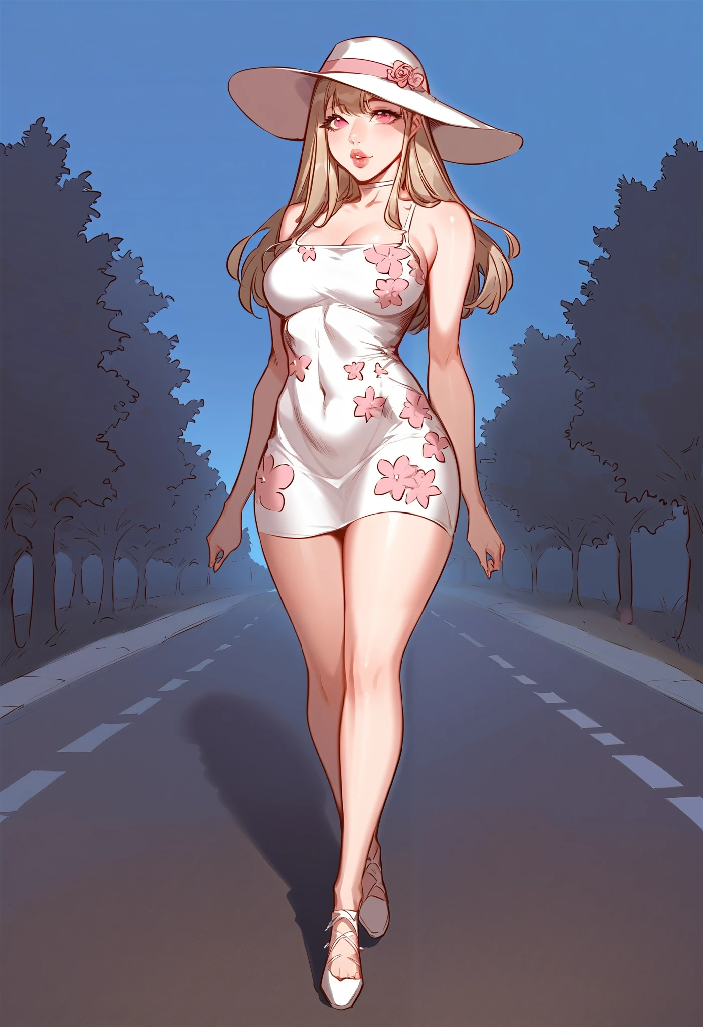 A sexy slim cute beautiful woman with blonde long hair bangs, big pink eyes, extremely fair white skin, and pink plump lips. She's wearing a cute yet revealing long white-pink floral dress and a light brown hat, hands joined together, walking on a road, day time, and show full body.