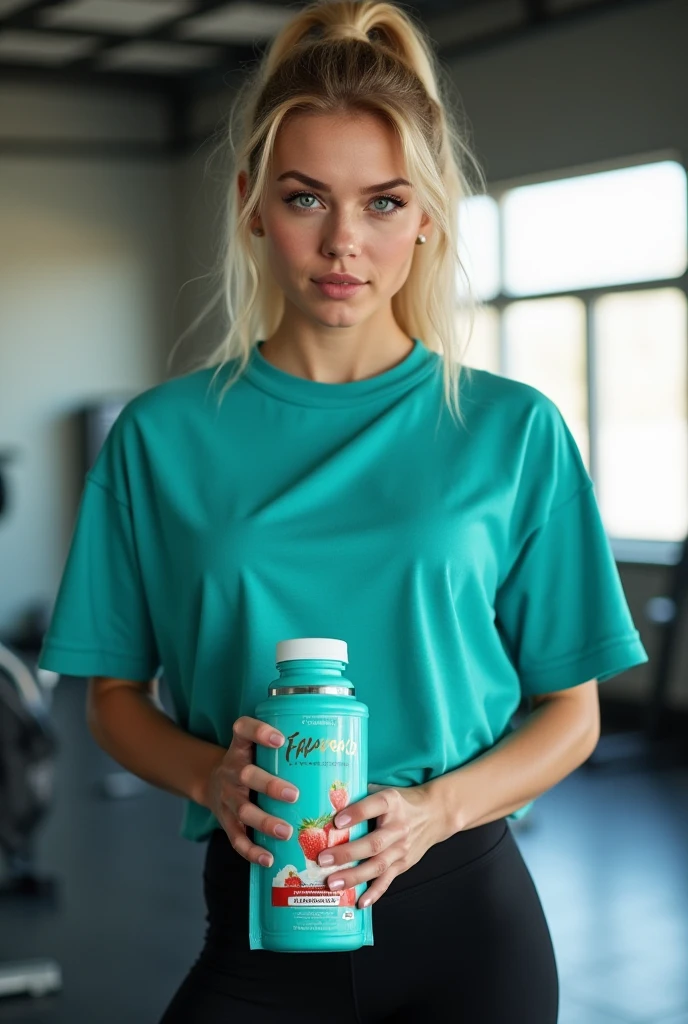 (masterpiece), best quality, high resolution, ultra-detailed, blonde Nordic woman with long wavy hair in her 20’s, detailed face, white loose tshirt, green leggings, cafe in Miami, drinking a smoothie, lots of green plants