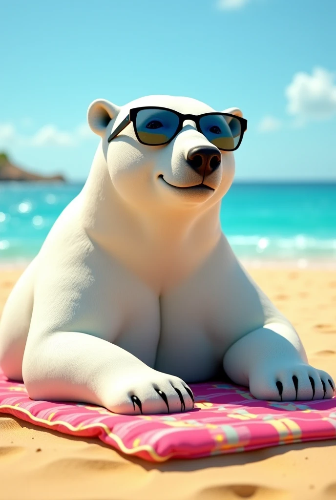 chubby dad male polar bear blue eyes, laying on chair , no clothes , white briefs , watch ,hands on sunglasses , smiling , under sun , spread legs , beach background, sunlight, sandals , high quality , drawing