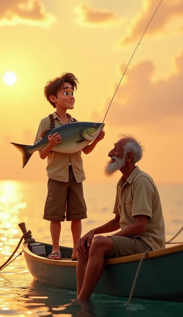 qualidade de imagem do filme，Disney Animation Style，A boy swims in the sea with a koi in his arms，cabelo curto e detalhado，Denim suspenders，Bare feet，profundidade de campos，Luz alta，luz real，Traching de raias，oc renderizado，hyper-realistic，melhor qualidade，8k，Obras de mestres，super-fino，pelos pubianos detalhados，anatomia correta，sharp focus on eyes，Bokeh，Facial features are carefully described