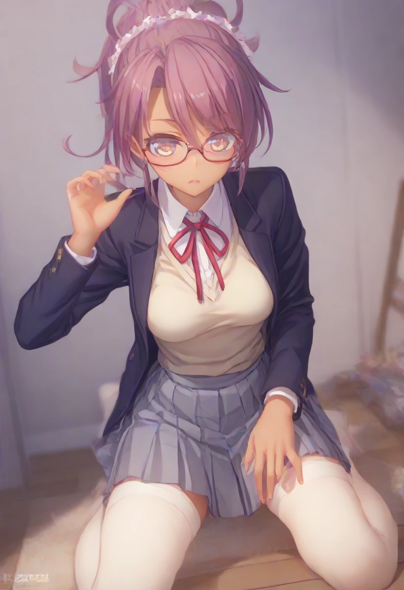   Hair, rpg, mucus,     smooth skin  ,  glasses ,    erotic pose, cut out, stockings,   medium breasts , school uniform, tan, 4K