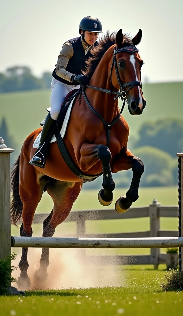 The moment a horse jumps over an obstacle