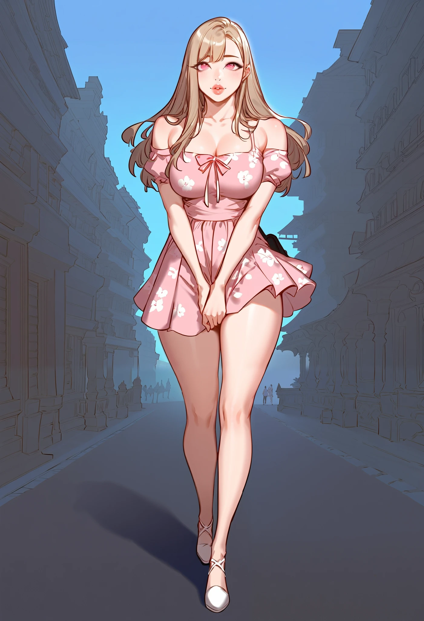 A sexy slim cute beautiful woman with blonde long hair bangs, big pink eyes, extremely fair white skin, and pink plump lips. She's wearing a cute yet revealing long white-pink floral dress and a light brown hat, hands joined together, walking on a road, daytime, and show full body.