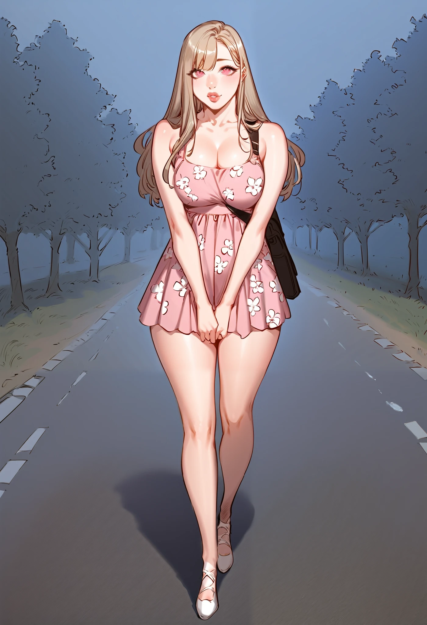 A sexy slim cute beautiful woman with blonde long hair bangs, big pink eyes, extremely fair white skin, and pink plump lips. She's wearing a cute yet revealing long white-pink floral dress and a light brown hat, hands joined together, walking on a road, daytime, and show full body.