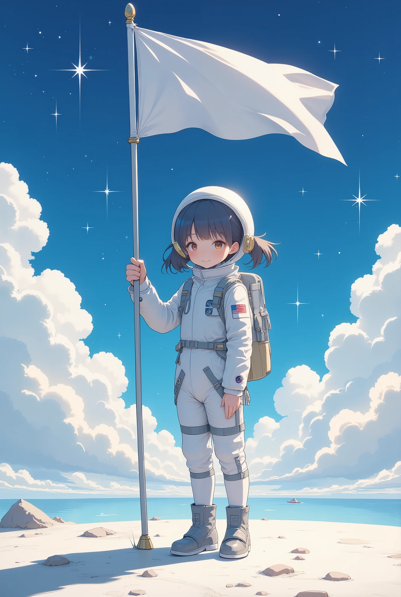 (Masterpiece:1.2,High quality, Mirror Finish  , Cinematic experience  ,  best illustrations :2.0),  ultra high definition ,  very detailed,8k, wallpaper,(A Girl Who Rides on a Star),( minimalist:2.0),( cute illustration:2.0),(A cute  in a spacesuit is raising a flag on the surface of an imaginary star:2.0),( Anime Artwork:2.0),(The background is abstract space:2.0)
