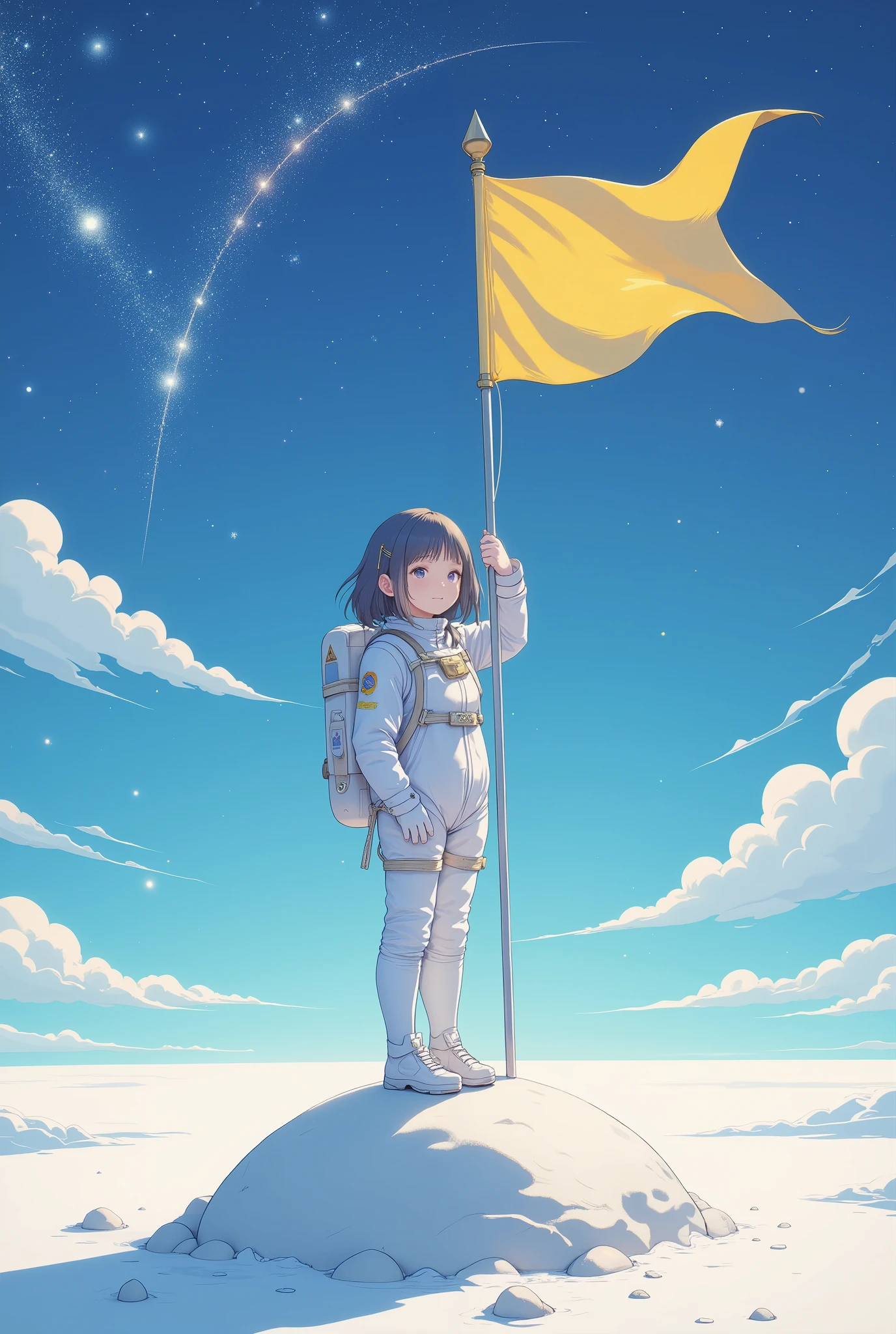 (Masterpiece:1.2,High quality, Mirror Finish  , Cinematic experience  ,  best illustrations :2.0),  ultra high definition ,  very detailed,8k, wallpaper,(A Girl Who Rides on a Star),( minimalist:2.0),( cute illustration:2.0),(A cute  in a spacesuit is raising a flag on the surface of an imaginary star:2.0),( Anime Artwork:2.0),(The background is abstract space:2.0)

