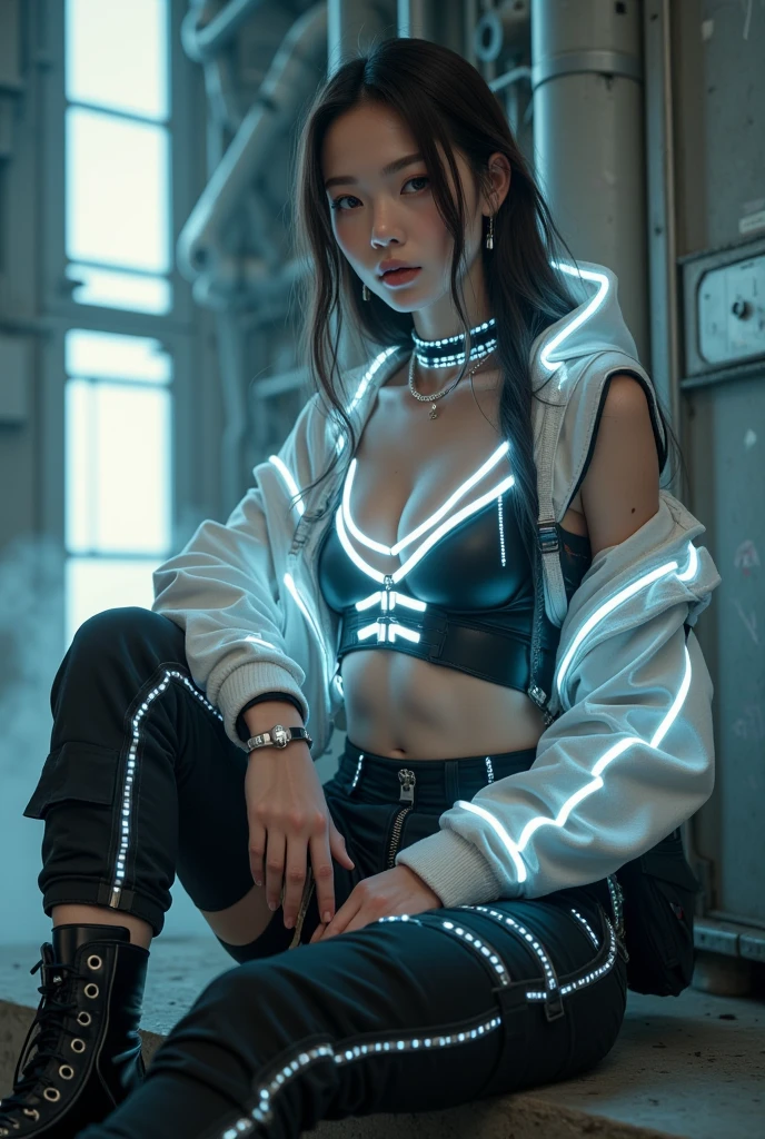 (nsfw:1.2), masterpiece, Best Quality, hyper Realistic, Create an image of a beautiful young Japanese woman embodying futuristic fashion art. 18-years-old, The scene should have the highest quality and realism, sitting, below shot, She has an ultra-slim waist, medium firm breasts, a medium-sized buttocks, and beautiful sexy legs, showcasing sculptural beauty. Her skin is white and silky, small head. White Glowing Streetwear with Harness Accents / Craft a striking streetwear ensemble infused with intensely glowing white accents, juxtaposed against black and white tones / Begin with a sleek black bodysuit featuring strategic cutouts and mesh panels for a modern, edgy vibe / Layer over the bodysuit with a roughly woven hoodie crafted from ultra-bright, thick white neon threads that emit a radiant, almost blinding glow, enhancing the futuristic and dynamic aesthetic / Pair the hoodie with high-waisted black cargo pants featuring glowing white contrast stitching and zipper details, exuding utilitarian-chic appeal / Accessorize with a statement glowing white harness worn over the hoodie, amplifying its luminous impact and creating a bold, avant-garde look / Complete the ensemble with chunky black combat boots adorned with glowing white laces, adding an element of ruggedness and street cred / Carry a sleek black crossbody bag with glowing white piping and hardware accents, tying the look together with a touch of cohesion,
hyper small head and face, wide Duck mouth, half open mouth, perfectly aligned teeth, perfect beautiful wide teeth, light blue eyes, half open eyes, shiny Droopy eyes, gray hair, looking other, She is situated within the interior of a futuristic colony, in the deep night, with mist drifting and steam rising from concrete
