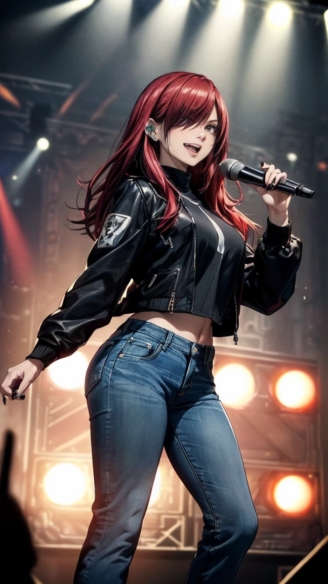 Erza Scarlet, (((red hair, long hair, hair over one eye, golden brown eyes))), ((((black shirt, black jacket, jeans, stage concert, singing:1.5, on stage, vocalist)))), has model style, oppai, full cosplay, Ultra HD Quality, ((sharp face)), official art, beautiful, ((mature, 30 years old)), evil smile, ((big round breast)), perfect body, ((Ultra HD Quality Wallpaper, HD picture, 16k Quality Wallpaper)), 1 female, solo, female, ((1 woman, 1 female, ((solo)), one female, 1 woman)), detailed face, detailed art, (((model pose))), (((on stage:1.5)), half body, (((Evil Smile))), (((masterpiece, best quality:1.2))), 1girl, solo, ultra high resolution, 8K, 16K, ultra high quality, RAW photo, ((extremly detailed)), high quality, charm, asian girl face, beautiful, the best lightin, the best proportion pose, soft light, natural light, detailed light, realistic light, Professional, Amazing, the best visual, enhance, ultra-high detail, 8K, 16K, ultra-high realistic, high resolution, the best resolution, high rendering realistic, detail hands, detail anatomy, detail face, detail body, (high detail), detail arms, (high detail fingers), the best proportions, detail nails, (detail intricated), ((potrait)), the best pictures, the best images, hdr, dslr, fix , fit, full color,