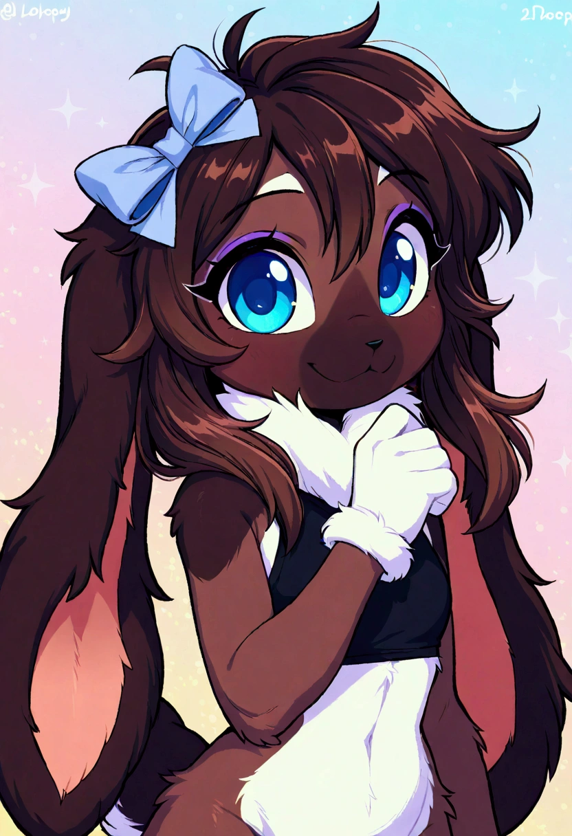 Anthro, female, lop bunny, brown fur, dark brown muzzle, white underfur, blue eyes, hair tuft, black nose, light blue bow in hair, cute, eyeliner, black crop top, 2D, floppy ears, long eyelashes, droopy ears, black eyebrows