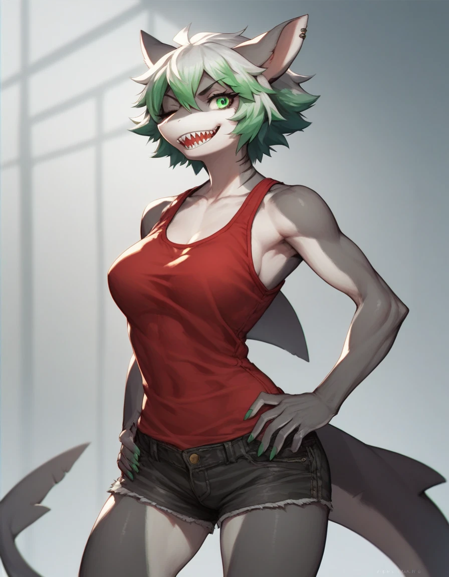 Solo, Score_9, score_8, score_7, kemono style, a cute gray anthro shark girl, shark ears, sharp teeth, green eyes, winking, short white hair, green highlights on hair, red tank top, jean short shorts, Grey body, standing, posing, athletic body, small scars on body, white claws