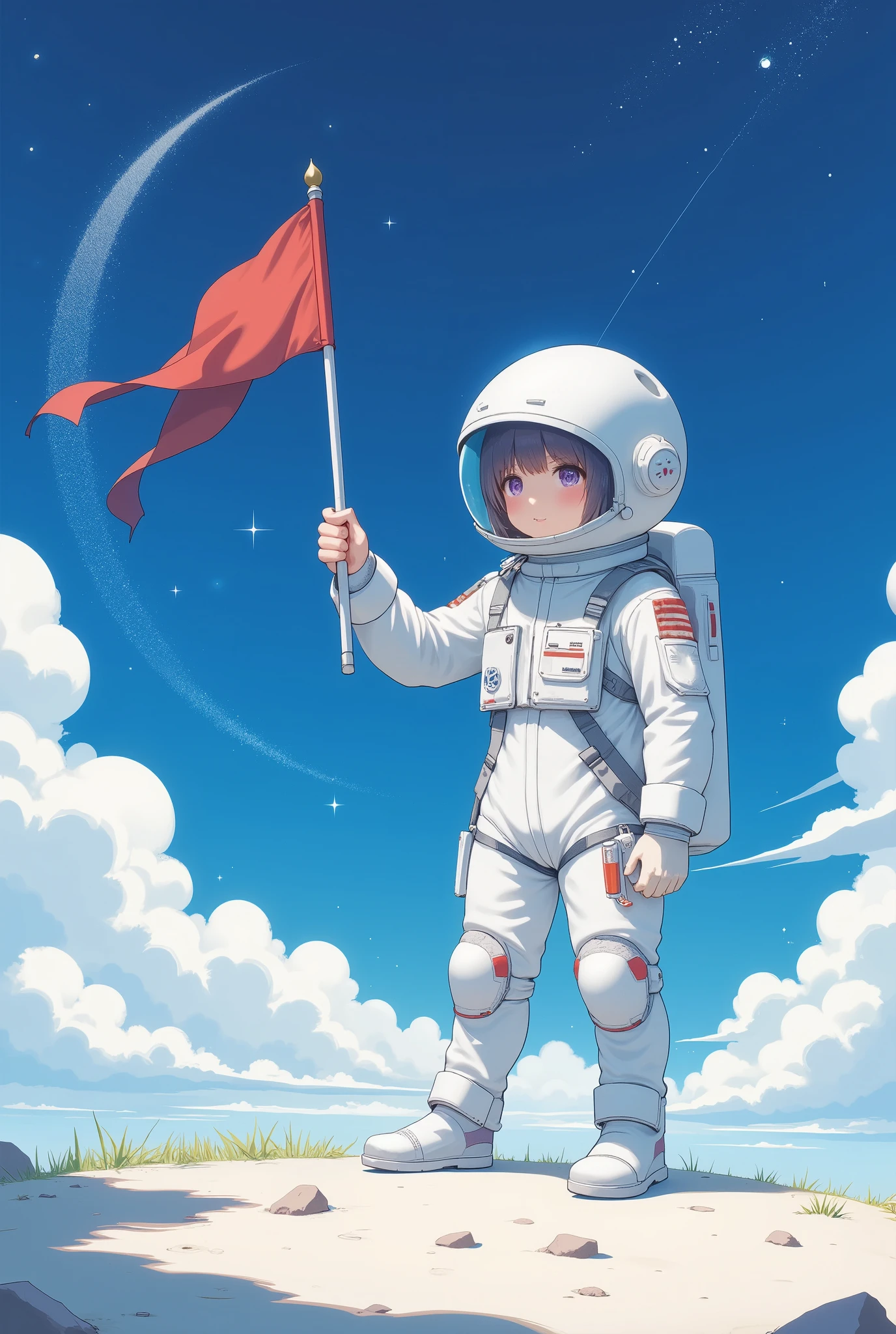 (Masterpiece:1.2,High quality, Mirror Finish , Cinematic experience , best illustrations :2.0), ultra high definition , very detailed,8k, wallpaper,(A Girl Who Rides on a Star),( minimalist:2.0),( cute illustration:2.0),(A cute in a spacesuit is raising a flag on the surface of an imaginary star:2.0),( Anime Artwork:2.0),(The background is abstract space:2.0)