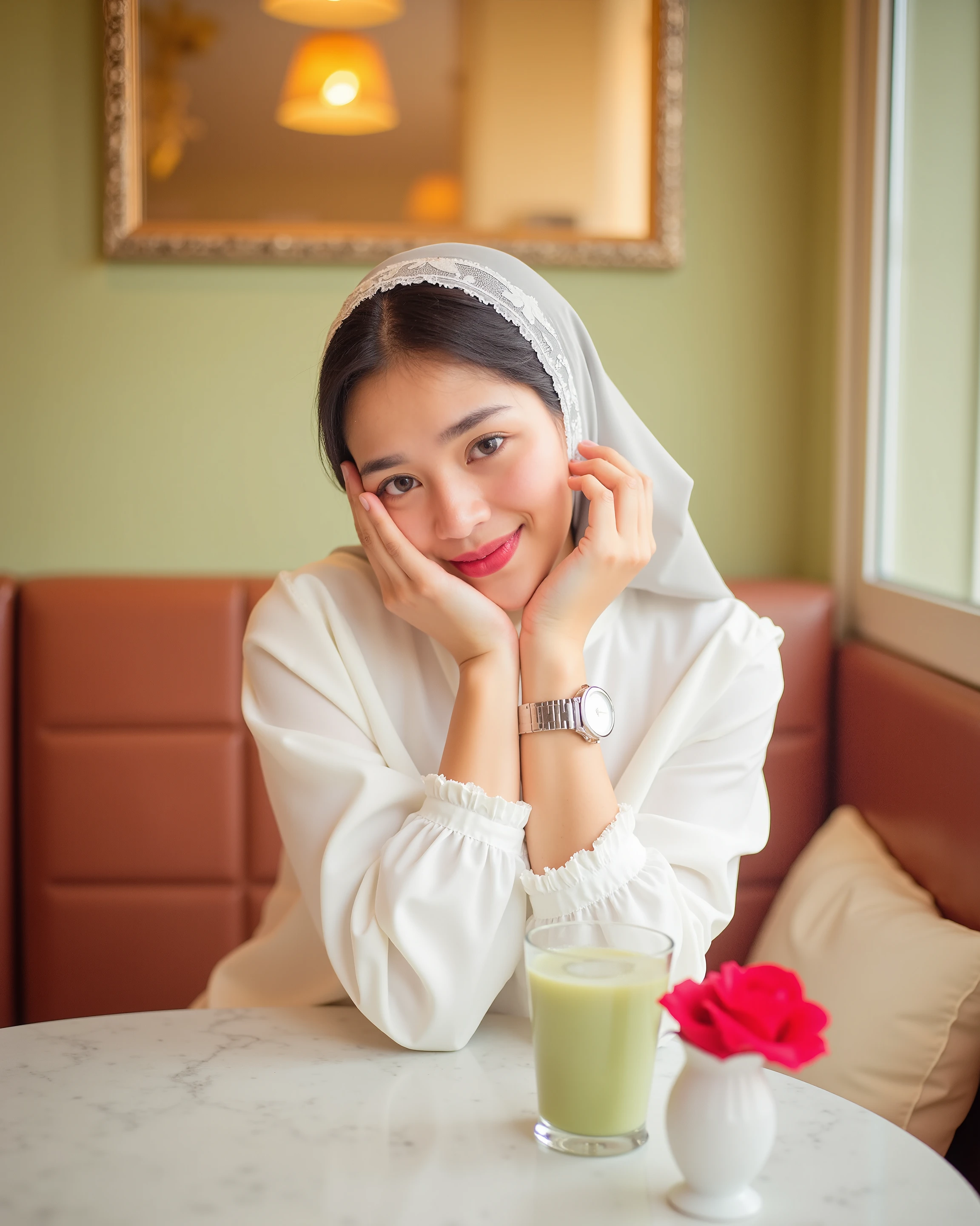In a sunlit café corner, golden light dances on vintage-framed walls, creating a warm, nostalgic ambiance. She sits elegantly at a marble table, her playful smile and sparkling eyes radiating charm. A lace-trimmed headscarf frames her face, paired with an off-shoulder white dress that blends timeless romance with 2025’s modern elegance. Rosy cheeks and vibrant pink-red lips enhance her fresh, glowing look. A silver watch adds minimal sophistication, while a glass of iced matcha and a red rose complete the scene, capturing a moment of sweetness, serenity, and captivating style.