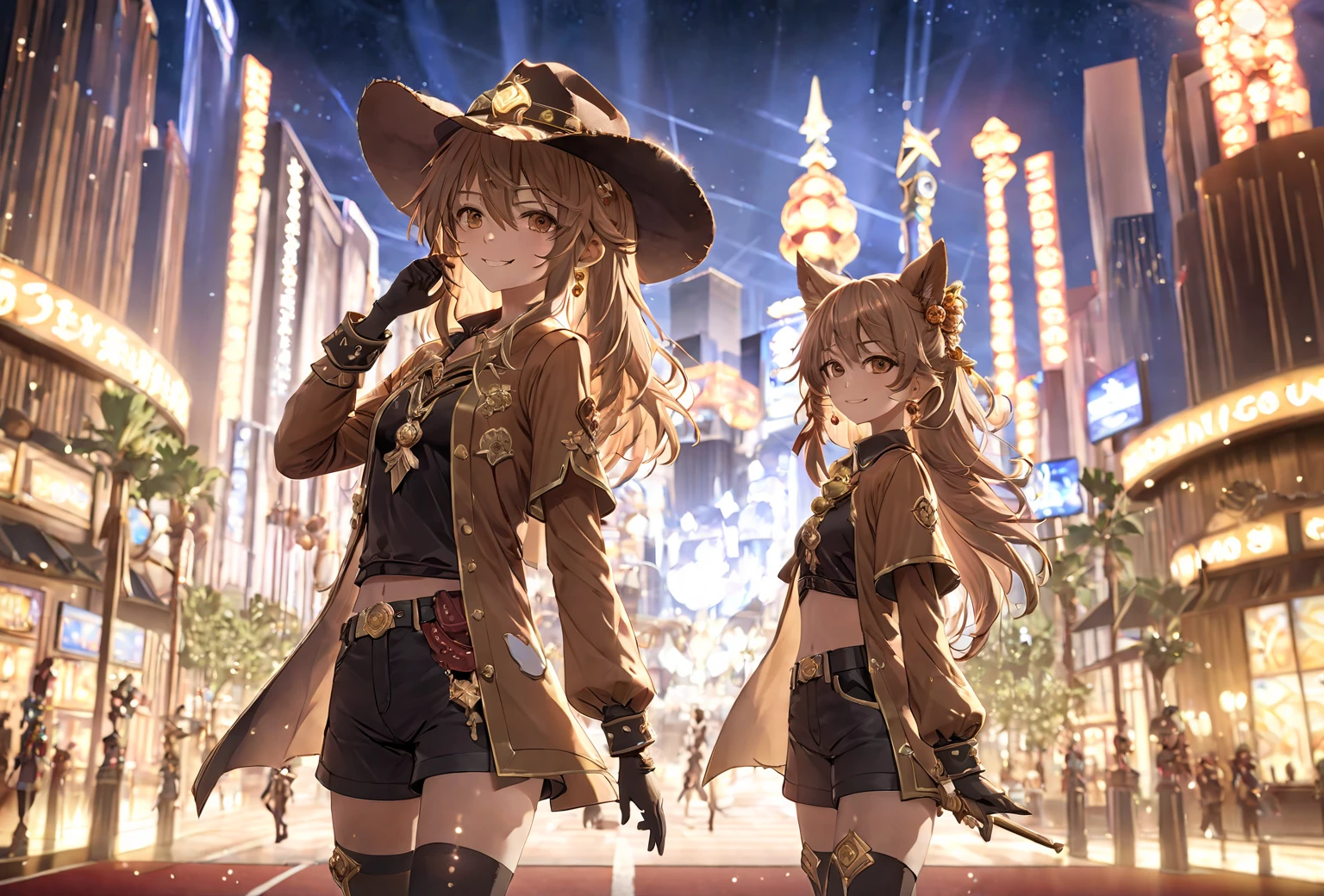 solo, 1girl, anime, anime keyvisual, kirara (genshin impact), cowboy hat, brown duster, black shorts, thigh highs, standing,  look at the viewers, happy, cinematic, vegas strip, lensflare, very aesthetic, illustration, perfect composition, intricate details, (((masterpiece))), ((best quality))