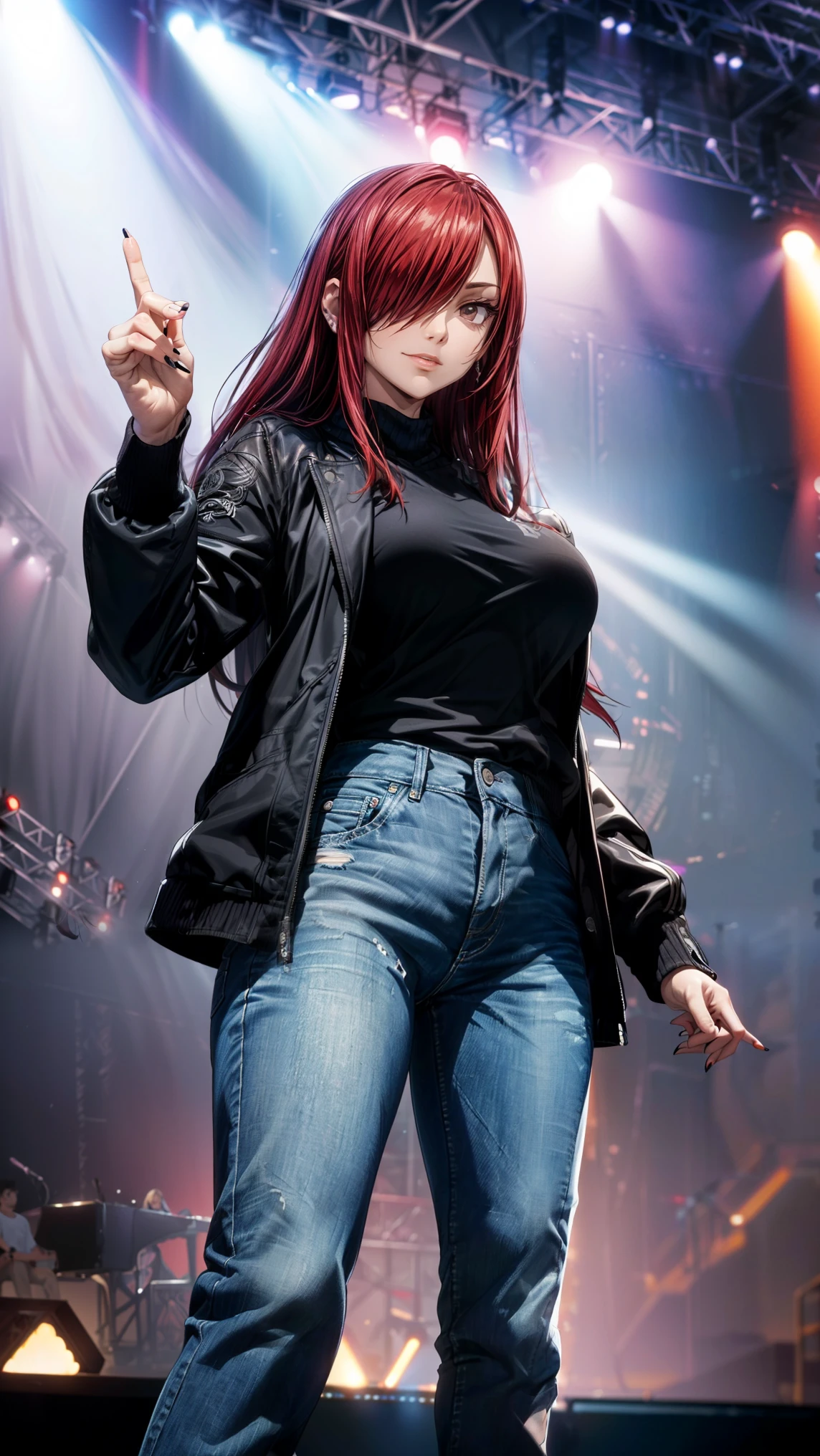 Erza Scarlet, (((red hair, long hair, hair over one eye, golden brown eyes))), ((((black shirt, black jacket, jeans, stage concert, singing:1.5, on stage, vocalist)))), has model style, oppai, full cosplay, Ultra HD Quality, ((sharp face)), official art, beautiful, ((mature, 30 years old)), evil smile, ((big round breast)), perfect body, ((Ultra HD Quality Wallpaper, HD picture, 16k Quality Wallpaper)), 1 female, solo, female, ((1 woman, 1 female, ((solo)), one female, 1 woman)), detailed face, detailed art, (((model pose))), (((on stage:1.5)), half body, (((Evil Smile))), (((masterpiece, best quality:1.2))), 1girl, solo, ultra high resolution, 8K, 16K, ultra high quality, RAW photo, ((extremly detailed)), high quality, charm, asian girl face, beautiful, the best lightin, the best proportion pose, soft light, natural light, detailed light, realistic light, Professional, Amazing, the best visual, enhance, ultra-high detail, 8K, 16K, ultra-high realistic, high resolution, the best resolution, high rendering realistic, detail hands, detail anatomy, detail face, detail body, (high detail), detail arms, (high detail fingers), the best proportions, detail nails, (detail intricated), ((potrait)), the best pictures, the best images, hdr, dslr, fix , fit, full color,