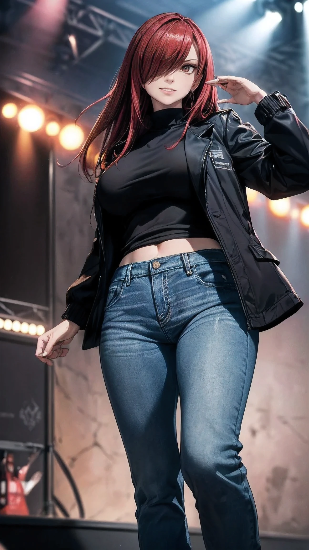 Erza Scarlet, (((red hair, long hair, hair over one eye, golden brown eyes))), ((((black shirt, black jacket, jeans)))), has model style, oppai, full cosplay, Ultra HD Quality, ((sharp face)), official art, beautiful, ((mature, 30 years old)), evil smile, ((big round breast)), perfect body, ((Ultra HD Quality Wallpaper, HD picture, 16k Quality Wallpaper)), 1 female, solo, female, ((1 woman, 1 female, ((solo)), one female, 1 woman)), detailed face, detailed art, (((model pose))), (((on stage:1.5)), half body, (((Evil Smile))), (((masterpiece, best quality:1.2))), 1girl, solo, ultra high resolution, 8K, 16K, ultra high quality, RAW photo, ((extremly detailed)), high quality, charm, asian girl face, beautiful, the best lightin, the best proportion pose, soft light, natural light, detailed light, realistic light, Professional, Amazing, the best visual, enhance, ultra-high detail, 8K, 16K, ultra-high realistic, high resolution, the best resolution, high rendering realistic, detail hands, detail anatomy, detail face, detail body, (high detail), detail arms, (high detail fingers), the best proportions, detail nails, (detail intricated), ((potrait)), the best pictures, the best images, hdr, dslr, fix , fit, full color,