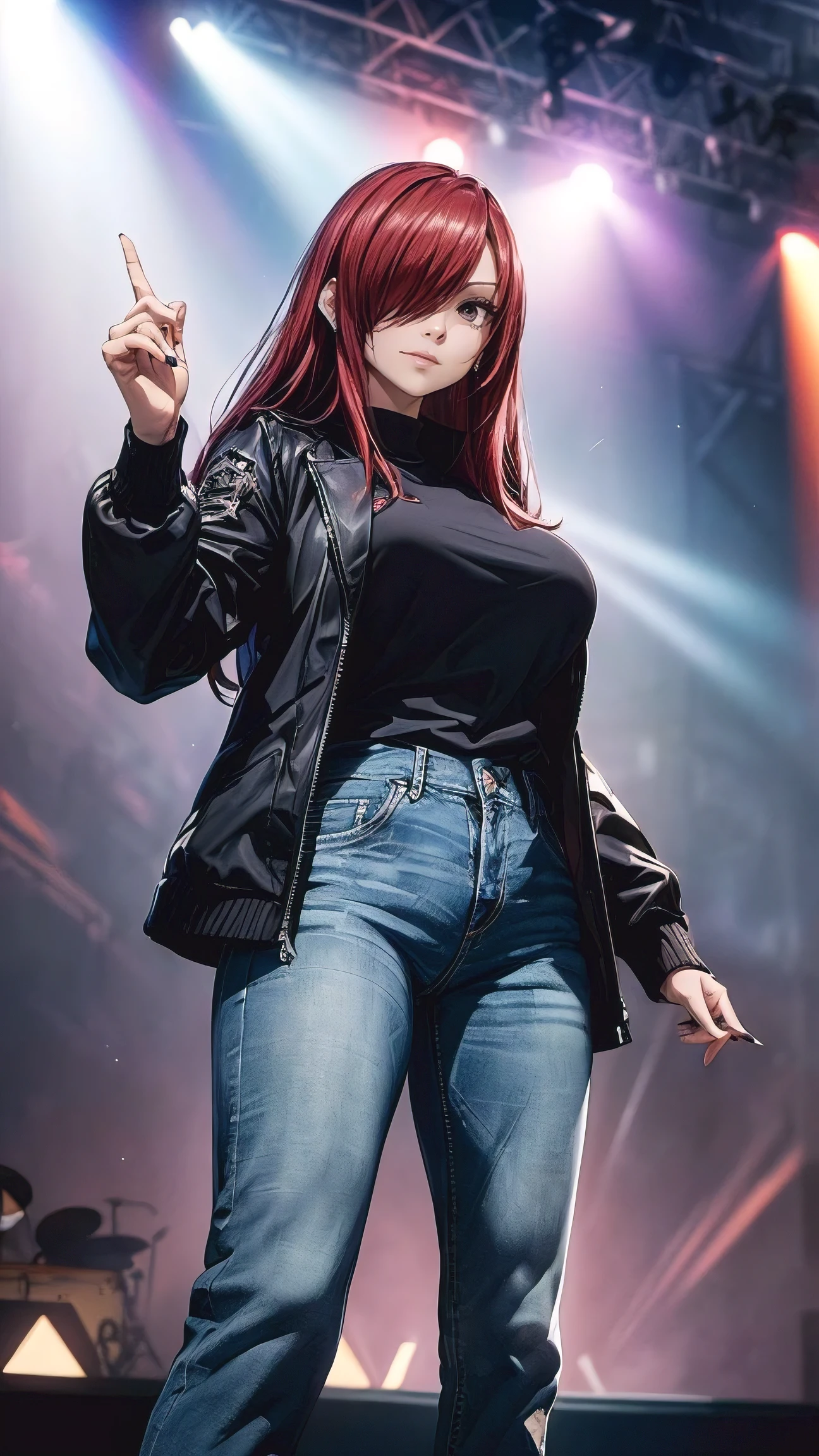 Erza Scarlet, (((red hair, long hair, hair over one eye, golden brown eyes))), ((((black shirt, black jacket, jeans, stage concert, singing:1.5, on stage, vocalist)))), has model style, oppai, full cosplay, Ultra HD Quality, ((sharp face)), official art, beautiful, ((mature, 30 years old)), evil smile, ((big round breast)), perfect body, ((Ultra HD Quality Wallpaper, HD picture, 16k Quality Wallpaper)), 1 female, solo, female, ((1 woman, 1 female, ((solo)), one female, 1 woman)), detailed face, detailed art, (((model pose))), (((on stage:1.5)), half body, (((Evil Smile))), (((masterpiece, best quality:1.2))), 1girl, solo, ultra high resolution, 8K, 16K, ultra high quality, RAW photo, ((extremly detailed)), high quality, charm, asian girl face, beautiful, the best lightin, the best proportion pose, soft light, natural light, detailed light, realistic light, Professional, Amazing, the best visual, enhance, ultra-high detail, 8K, 16K, ultra-high realistic, high resolution, the best resolution, high rendering realistic, detail hands, detail anatomy, detail face, detail body, (high detail), detail arms, (high detail fingers), the best proportions, detail nails, (detail intricated), ((potrait)), the best pictures, the best images, hdr, dslr, fix , fit, full color,