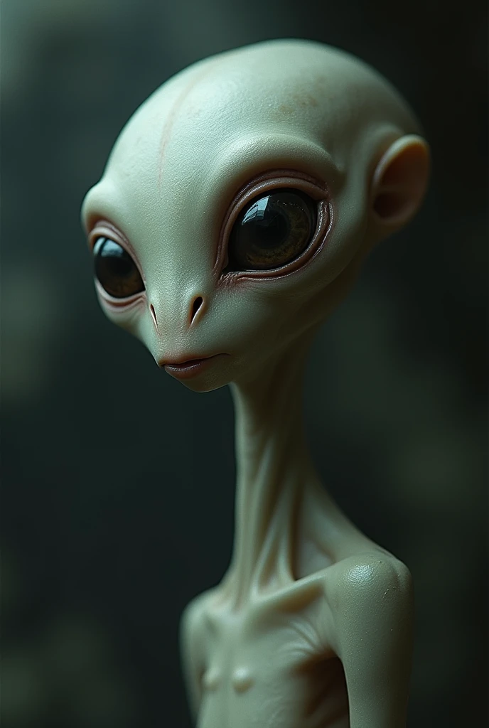 A realistic 4k alien waving to the camera with big eyes 