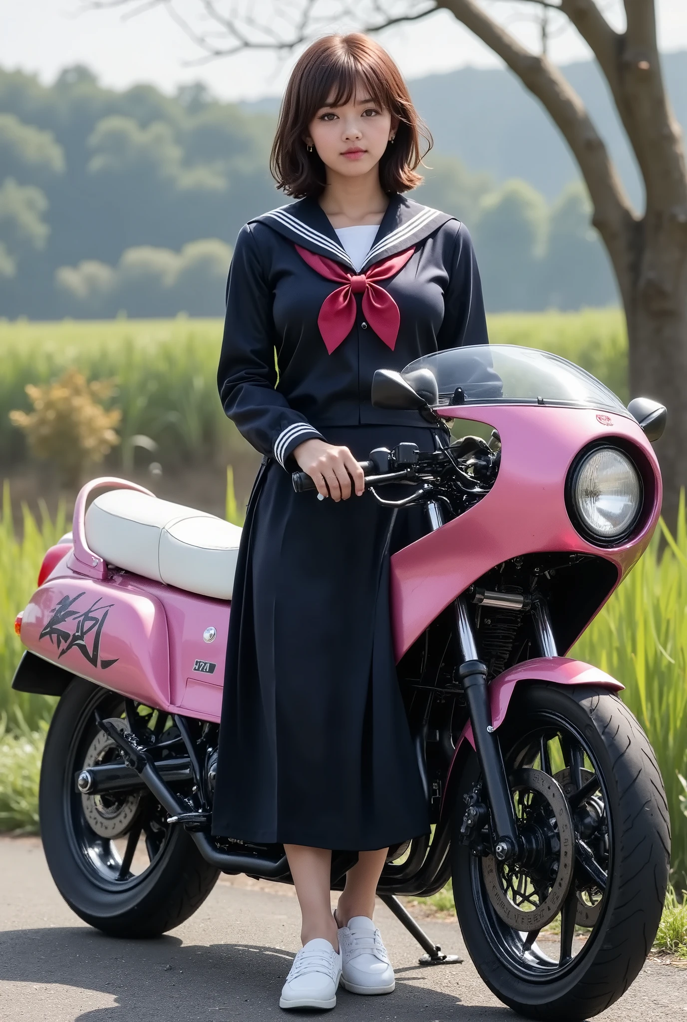 documentary photo, realistic, dramatic scene, very beautiful Japanese high school girl, cute woman but bad girl, beautiful white transparent skin, (wearing a Japanese high school black sailor uniform with very long black skirt), red ribbon, serafuku, sailorfuku, white shirt, wearing a loafers, punk rock styled mature bad girl, brown colored short curly-haired, red lips, bad girl, (very large breasts), slim waist, she is standing by a motorcycle at the footpath between rice fields, in winter, She is smoking a cigarette, pink colored graffitied motorcycle with white seat