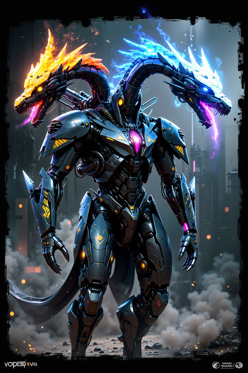 Cybernetic Humanoid with twin dragon-like heads, one head fire, one head ice