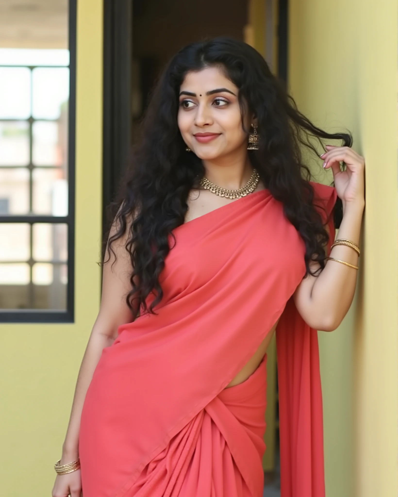 A full-length high-resolution photograph of an Indian woman with a  and cute face, wearing gold jhumkas and a gold necklace. She has a bindhi on her forehead, long black curly hair cascading down, and a traditional saree draped to reveal her cleavage elegantly from top to bottom.