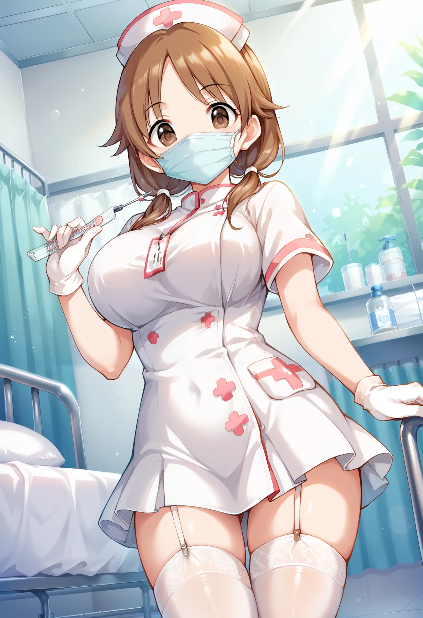 1girl, solo, nurse, nurse cap, white wear, ((white legwear, zettai ryouiki)), white gloves, pink hair,  drooping eyes, ((covered nose)), standing, ((hospital room)), sharp outline, short sleeves, best quality, masterpiece，Fleshy，Brown eyes，Fleshy，Black hair，happy，lol，Heart，belt，Black clothes，Exposing underwear，Black lingerie，Hug chest