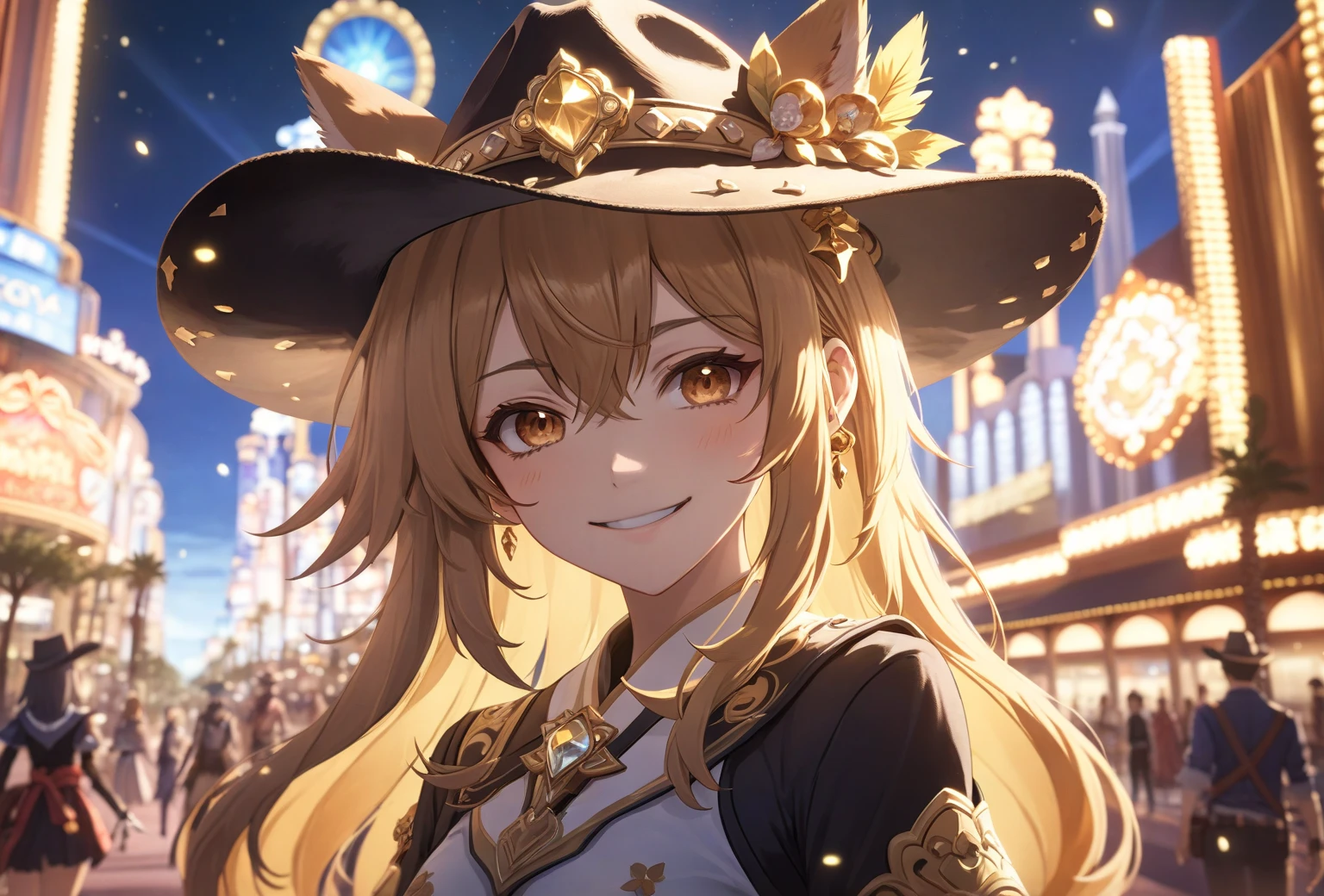 solo, 1girl, anime, anime keyvisual, kirara (genshin impact), cowboy hat, look at the viewers, happy, cinematic, vegas strip, lensflare, very aesthetic, illustration, perfect composition, intricate details, (((masterpiece))), ((best quality))