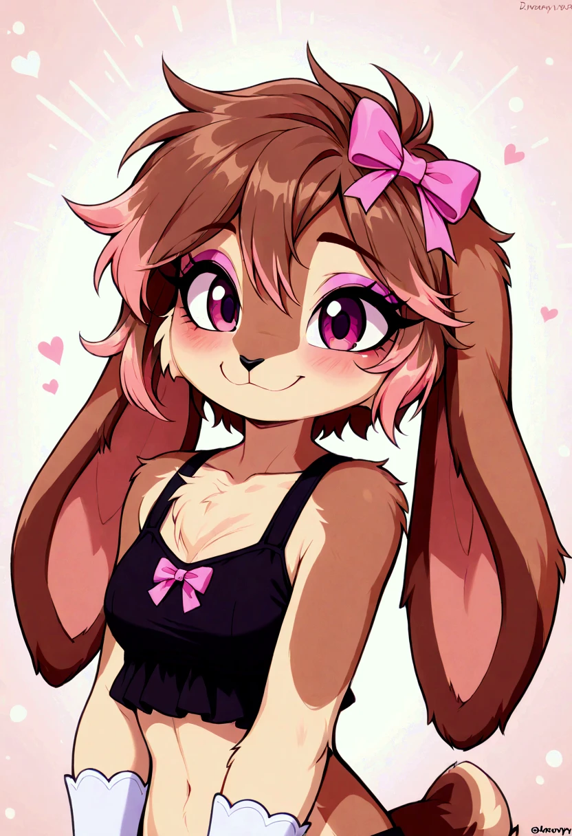 Anthro, female, lop bunny, tan fur, beige underfur, hair tuft, black nose, light pink bow in hair, cute, eyeliner, black crop top, 2D, floppy ears, long eyelashes, droopy ears, white gloves, pink hearts in backdrop