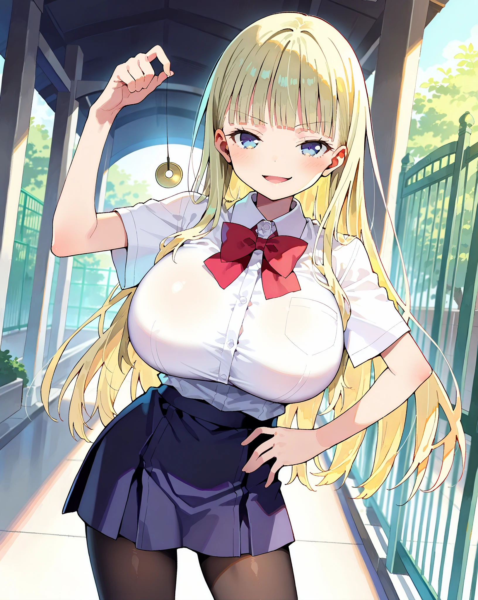 score_9, score_8_up, score_7_up, 1girl,solo, seduce,seductive, beautiful smile, smirk, breasts, huge breasts, large school gate, outside the school, prestige school, she is holding a pendulum in one hand \(hypnotist holding a pendulum\), ((holding pendulum)), holding string, perfect hands, one hand up, open mouth, smirk, looking at viewer, standing in front of school gate, masterpiece, high quality, absurd resolution, beautiful hands, short sleeves, school uniform, short skirt, pantyhose, pantyshot, one hand on hip, contrapposto, oppai loli, petite, long hair, blunt bangs