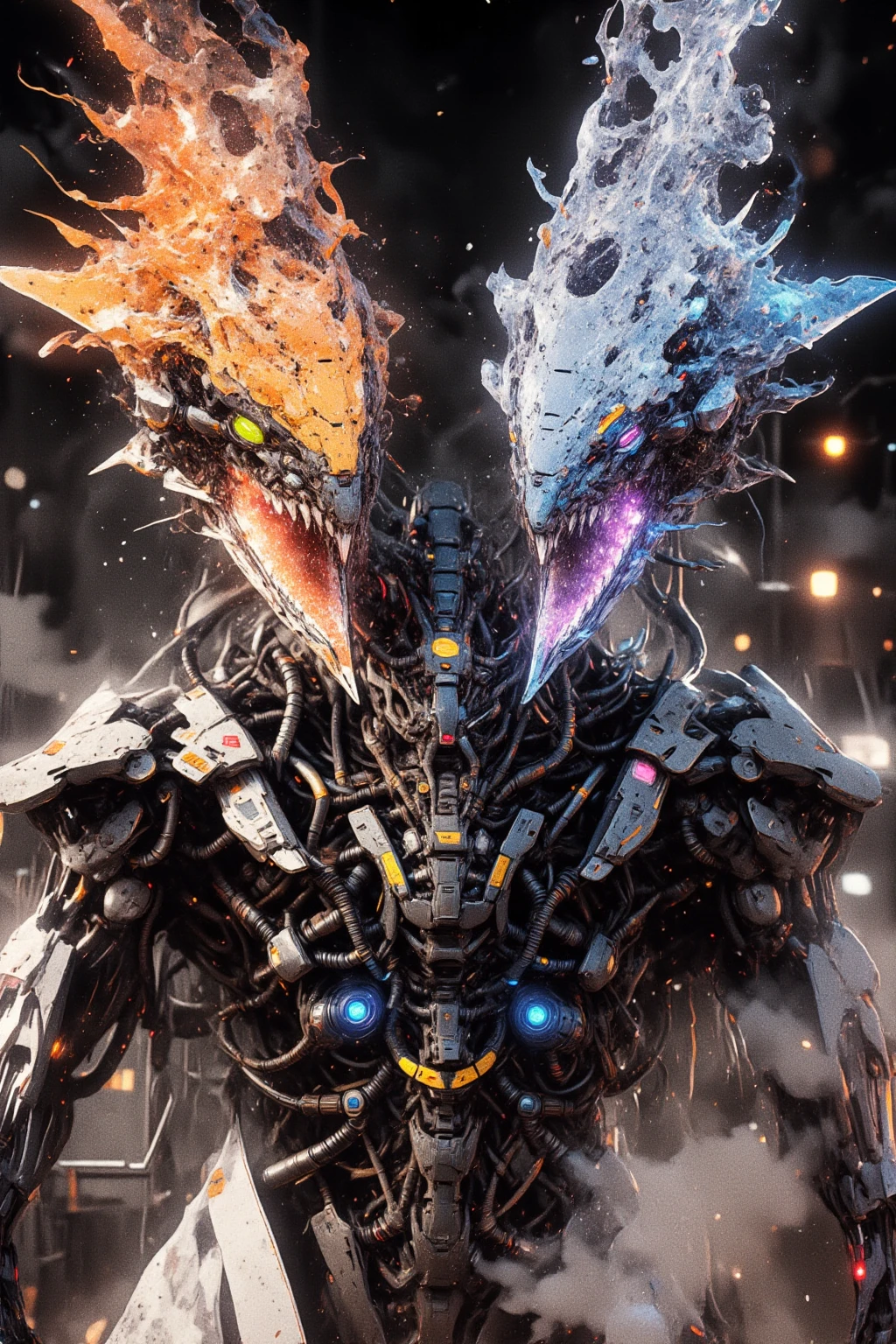 detailed, ultra-detailed, masterpiece, 8k wallpaper,(bio mecha:1.5),(mecha:1.4),
, (muscle:1.3), (muscle tissue:1.5), (colorful mecha:1.4)
(dramatic angle:1.3),(dynamic angle,:1.2), (mecha design (de):1.6), (mdde:1.3),
weapon, no humans, spikes, mecha, arm cannon,  tail, solo, blue mecha, science fiction, standing, holding, glowing, electricity, teeth, holding gun, blue eyes, monster, simple background, sharp teeth, english text, claw