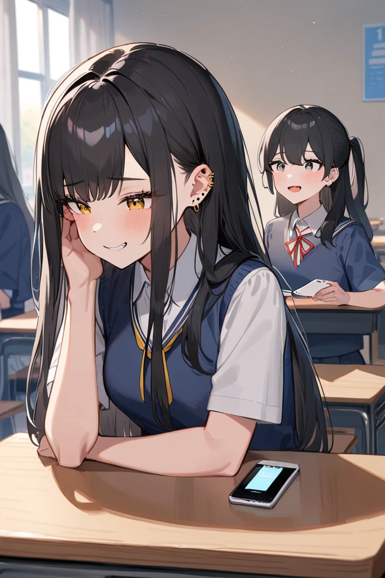((masterpiece)), (best quality), beautiful, extremely detailed face, perfect lighting,ultra-detailed,((expressionless)),((cold attitude)),((tsurime)),((tareme)),breastature female)),((gym storeroom)) makima, long hair, smile, bangs, (small breasts:1.2), (yellow eyes:1.2), braid, black hair, braided ponytail, ringed eyes, shirt, long sleeves, white shirt, necktie, collared shirt, pants, black pants, formal, suit, black necktie, shirt tucked in, office lady, Perfect female body,(slim waist),abdominal muscles,linea alba, ((sweat)),virgin,,neat figure,shiny skin,slender waist,Small breast,((tareme)),((empty eyes)),((hands on penis)) 1girl, ass, sitting, solo, looking back, from behind,desk, thighs, school desk, ass focus, chair, wide hips, huge ass