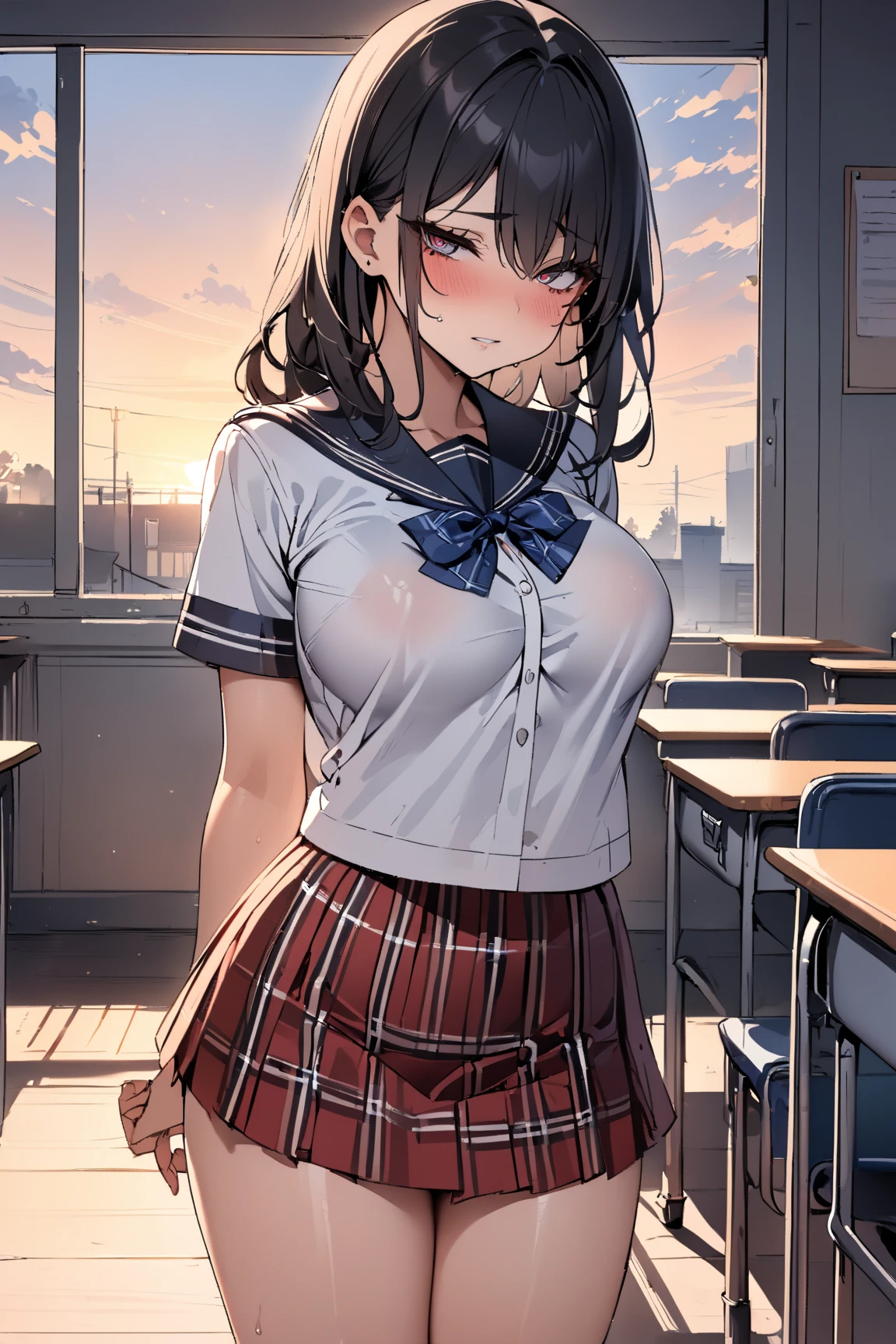 (masterpiece:1.6),(best quality:1.6), (ultra high res1.2),perfect proportion,(dark hair:1), ( black hair:1), (black eyes:1.1),(beautiful Busty breasts:1.5), (beautiful girl:1.4),18age, a girl,a beautiful girl, (medium bob hair:1.2),a sexy mole around the mouth,open mouth,(aroused:1.3), (embarrassed:1.3), blush, (Raincoat:1.1), (Sheer uniform), Black Bra, (school uniform, see-through shirt), a red Checked bow tie, (full body shot:1.1),Morning school hours, ((rain, rain降り:1.3)), Raincoatを着て,