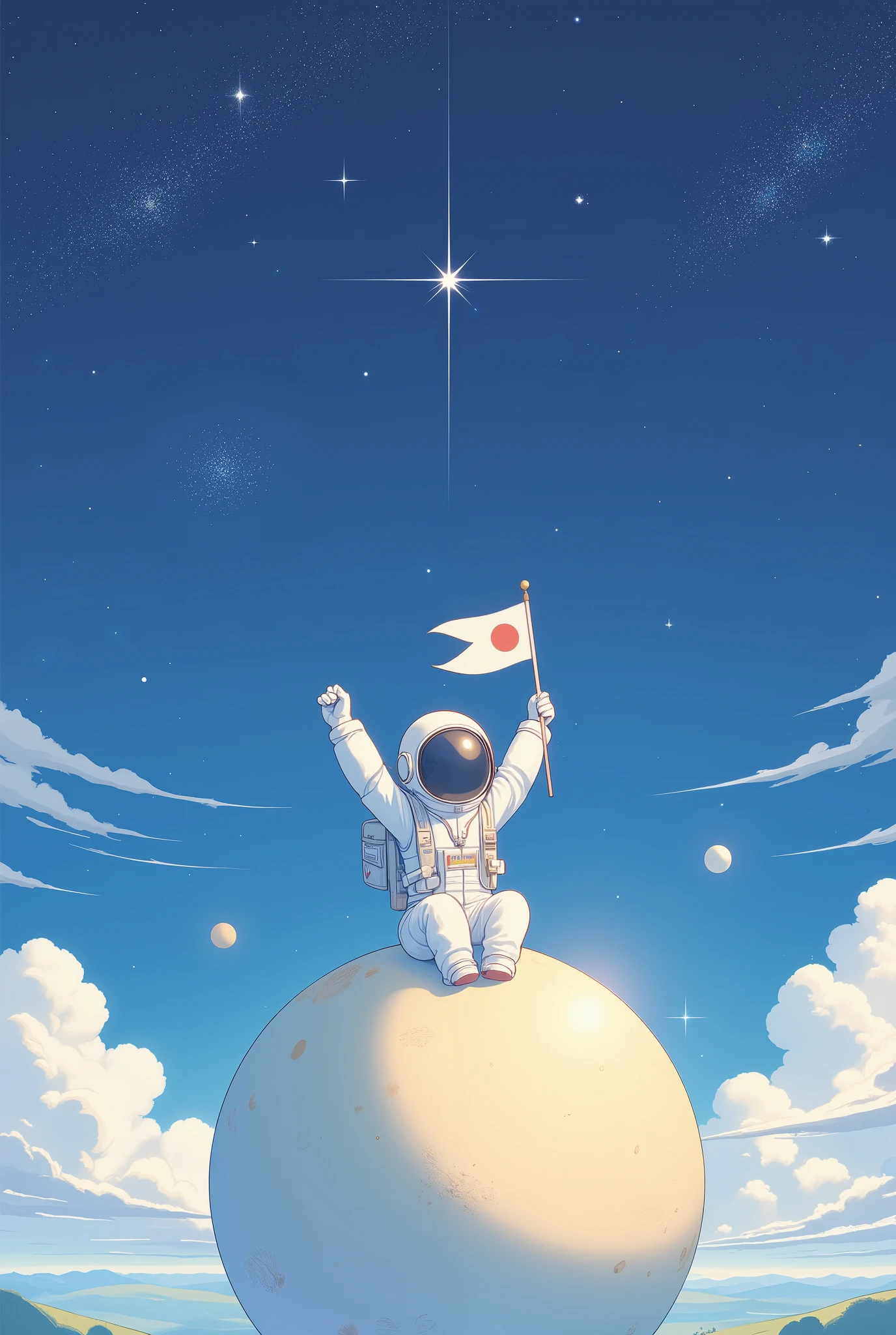 (Masterpiece:1.2,High quality, Mirror Finish  , Cinematic experience  ,  best illustrations :2.0),  ultra high definition ,  very detailed,8k, wallpaper,(A Girl Who Rides on a Star),( minimalist:2.0),( cute illustration:2.0),(A cute  in a spacesuit is raising a flag on the surface of an imaginary star:2.0),( Anime Artwork:2.0),(The background is abstract space:2.0),(smile:2.0)
