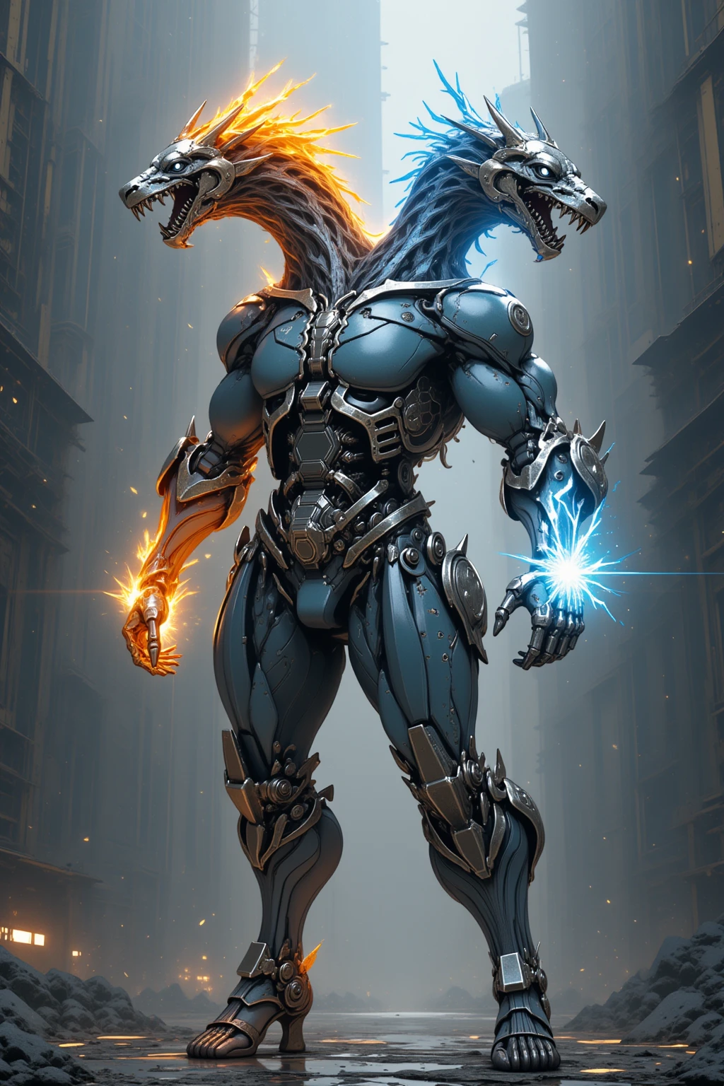 Cybernetic Humanoid with twin dragon-like heads, one head fire, one head ice