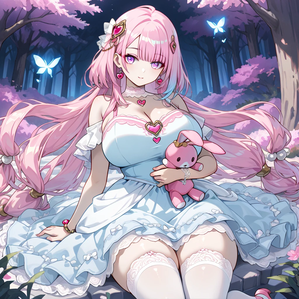 ((Moe anime art style:1.2)), (((masterpiece))), (((best quality))), ((ultra detailed)), (illustration), ((an extremely delicate and beautiful)), ((super detailed skin)), (((8K))), BREAK (((solo girl, A young-looking princess))), (18 years old), ((full body)), ((from above)), (on side in the meadow, lying down surrounded by flowers), BREAK (((Dark pink satin material))), ((Dense lace, Long train, Lots of frills)), (((Full-length crinoline hoop skirt, Beautiful and luxurious Rococo Victorian ball gown dress))), BREAK (((gigantic breasts))), ((cleavage cutout)), Sweat on the chest, BREAK (((Super delicate and beautiful face))), ((Beautiful Lips, Delicate beautiful eyes)), ((embarrassed))), BREAK bangs, (((Pink Hair, Fluffy ponytail, Curly Hair, Expressive hair, very voluminous long hair))), Beautiful silver and jeweled hair ornaments, BREAK (((nature))), (in forest), ((so many colorful flowers)), ((Flowing petals)), Particles of light pouring down, (light sparkles:1.1), (light leaks:1.5),