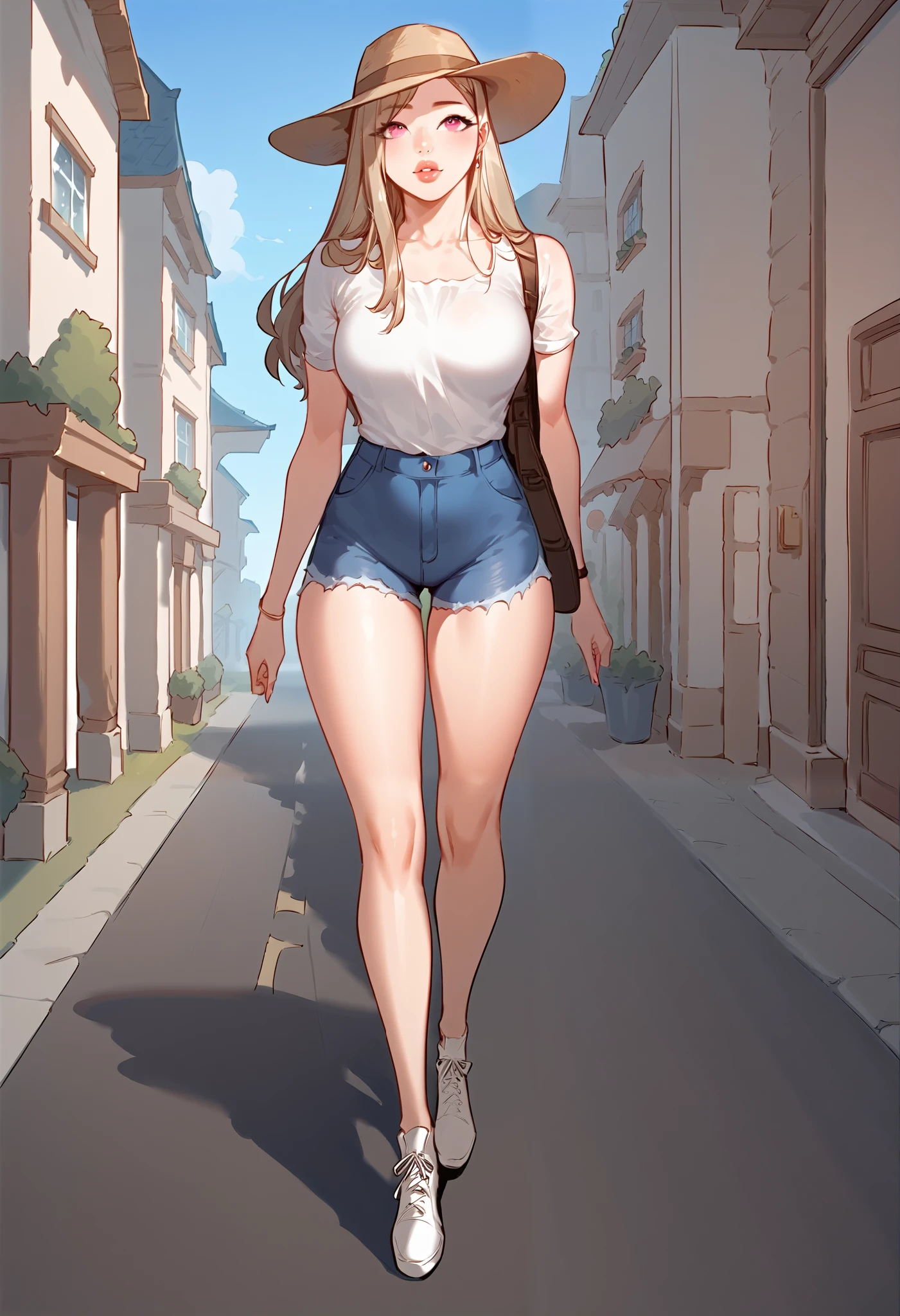 A sexy slim cute beautiful woman with blonde long hair bangs, big pink eyes, extremely fair white skin, and pink plump lips. She's wearing a cute yet revealing white-pink floral frock and a light brown hat, walking on a road, daytime, and show full body.