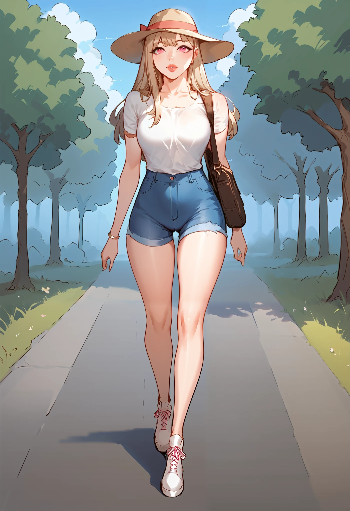 A sexy slim cute beautiful woman with blonde long hair bangs, big pink eyes, extremely fair white skin, and pink plump lips. She's wearing a cute yet revealing white-pink floral frock and a light brown hat, walking on a road, daytime, and show full body.