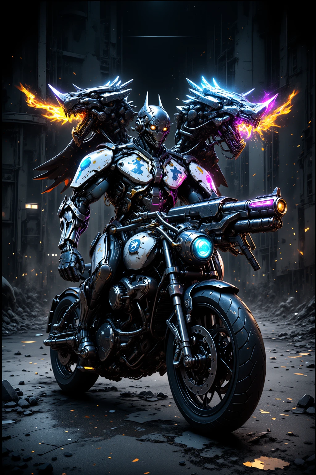 Cybernetic Humanoid with twin dragon-like heads, one head fire, one head ice, sitting on a motorcycle grasping a heavy machine gun